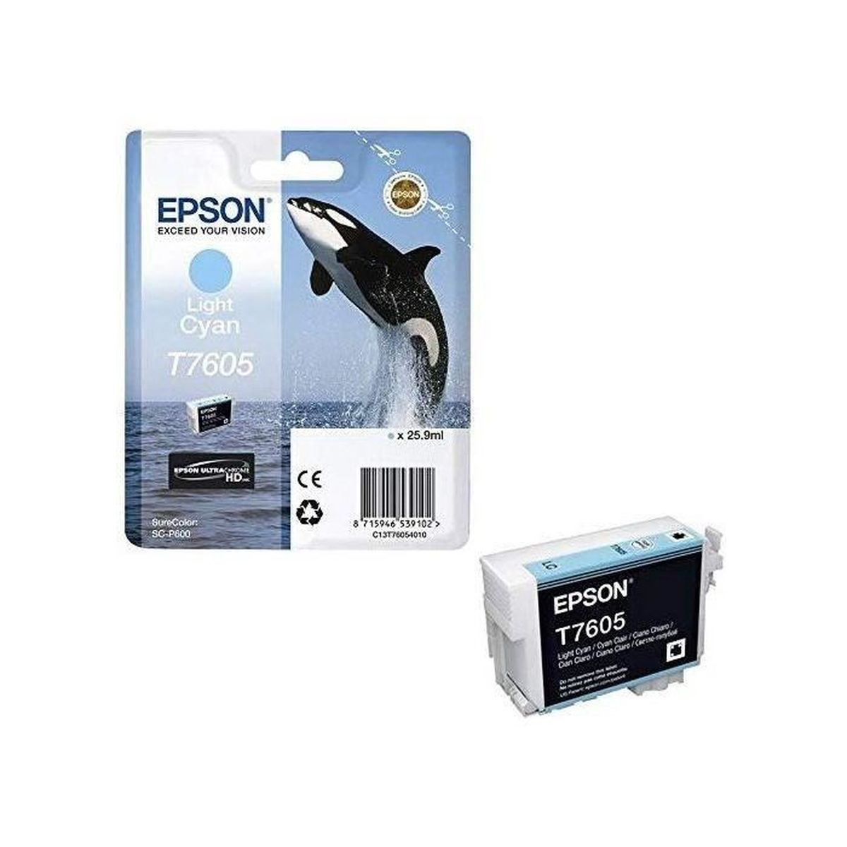 Epson T7605 ink cartridge, light cyan. Package shows an orca breaching water. Cartridge is next to the package.