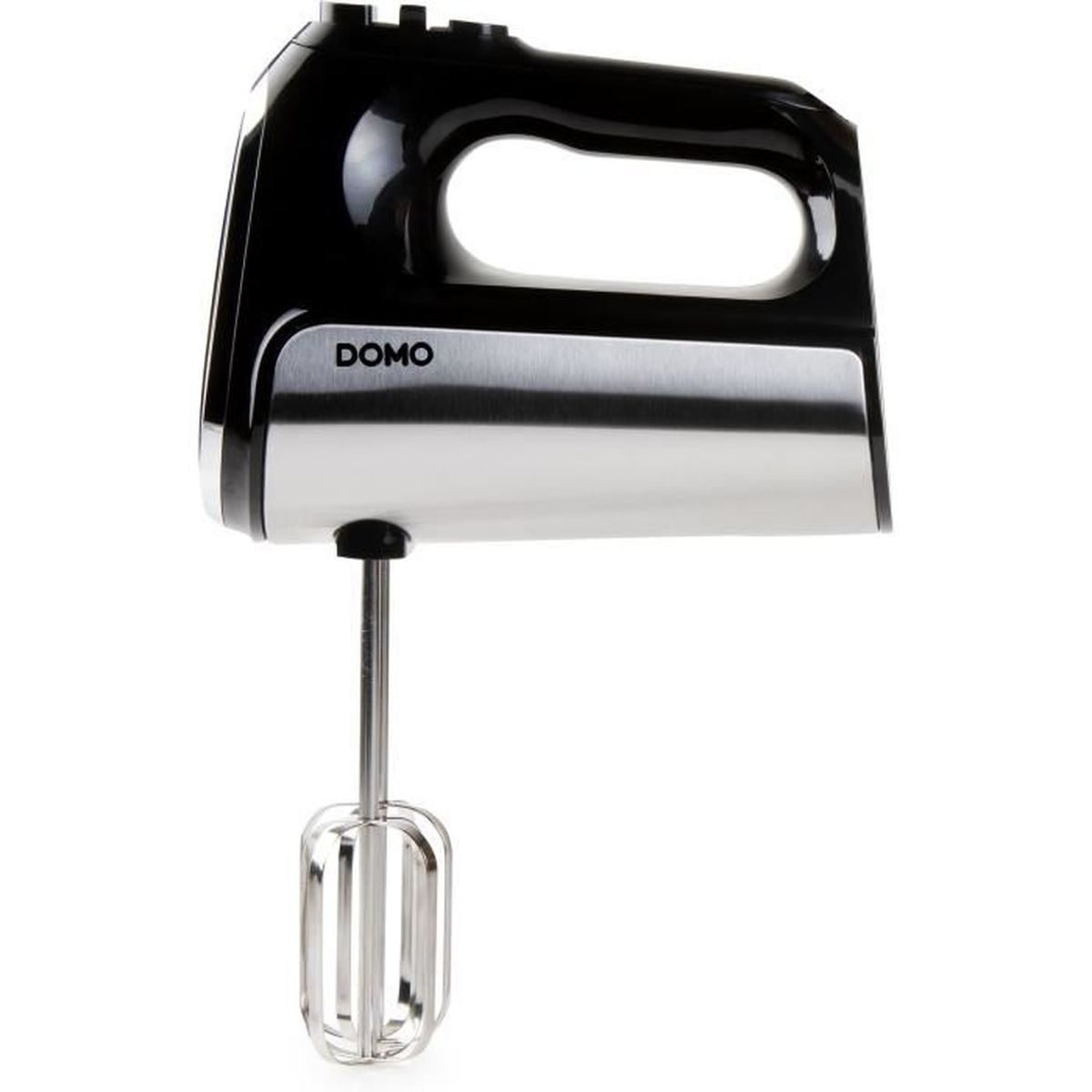 Un frullatore a mano DOMO nero e argento. Il frullatore ha un manico e un accessorio frusta. Lo sfondo è bianco.