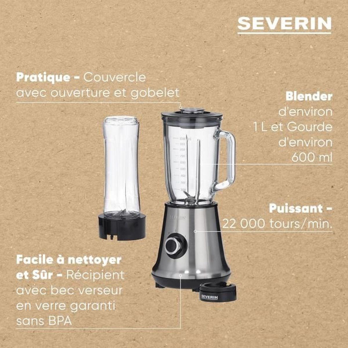 Ein silberner Mixer mit einem Glasbehälter und einem separaten kleineren Behälter. Text zeigt Funktionen und die Marke SEVERIN.