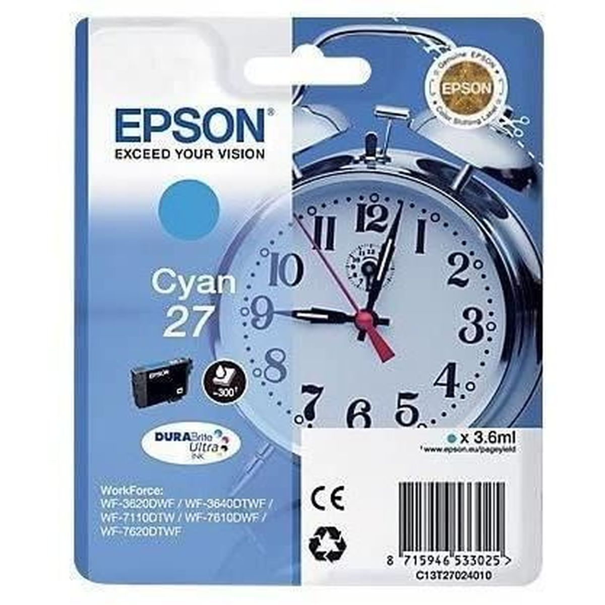 Un emballage de cartouche d'encre Epson présente un cadran d'horloge. L'emballage est bleu et blanc, avec le logo Epson et les détails du produit.