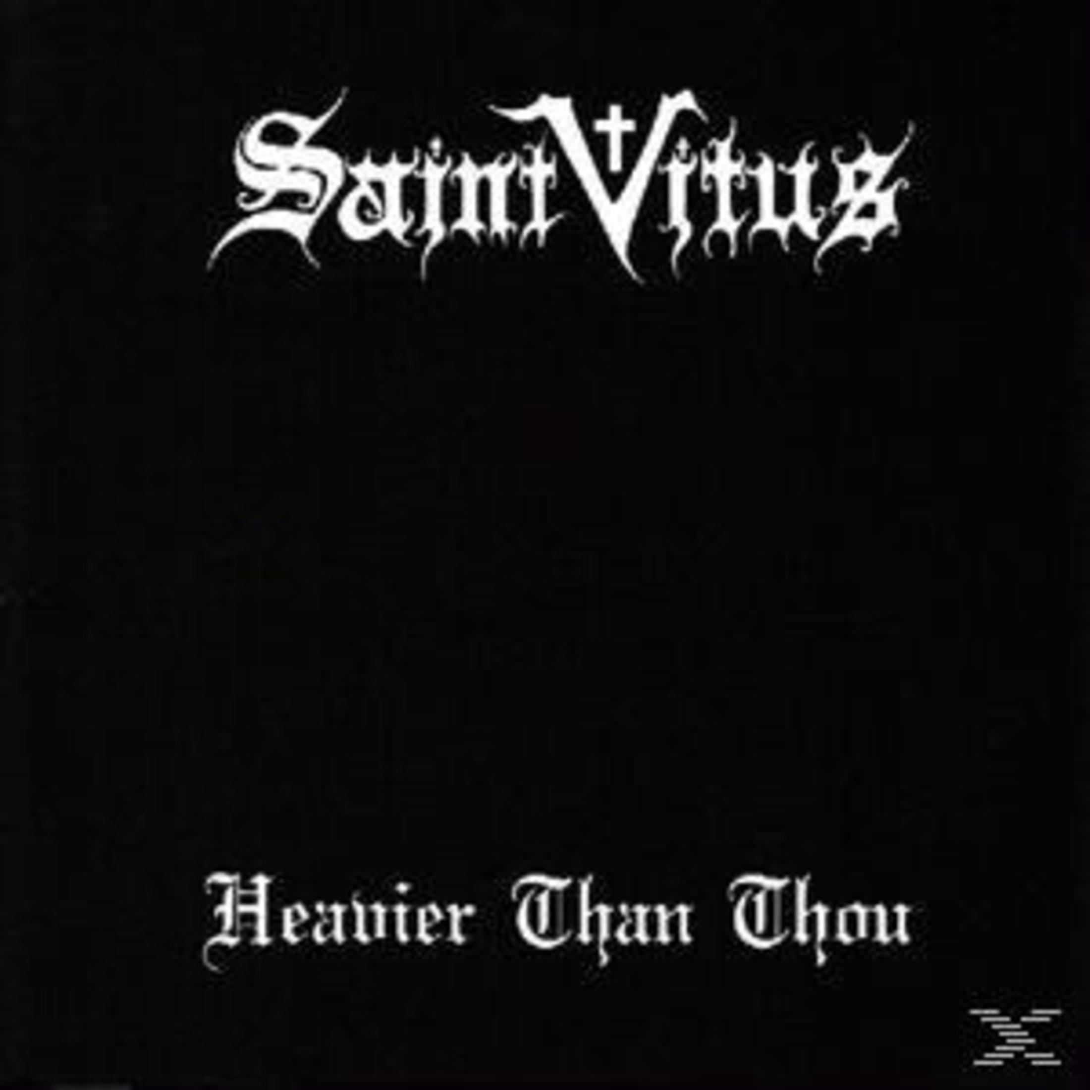 Albumcover: Saint Vitus in weißer gotischer Schrift oben, 'Heavier Than Thou' unten, auf schwarzem Hintergrund. X-Symbol unten rechts.