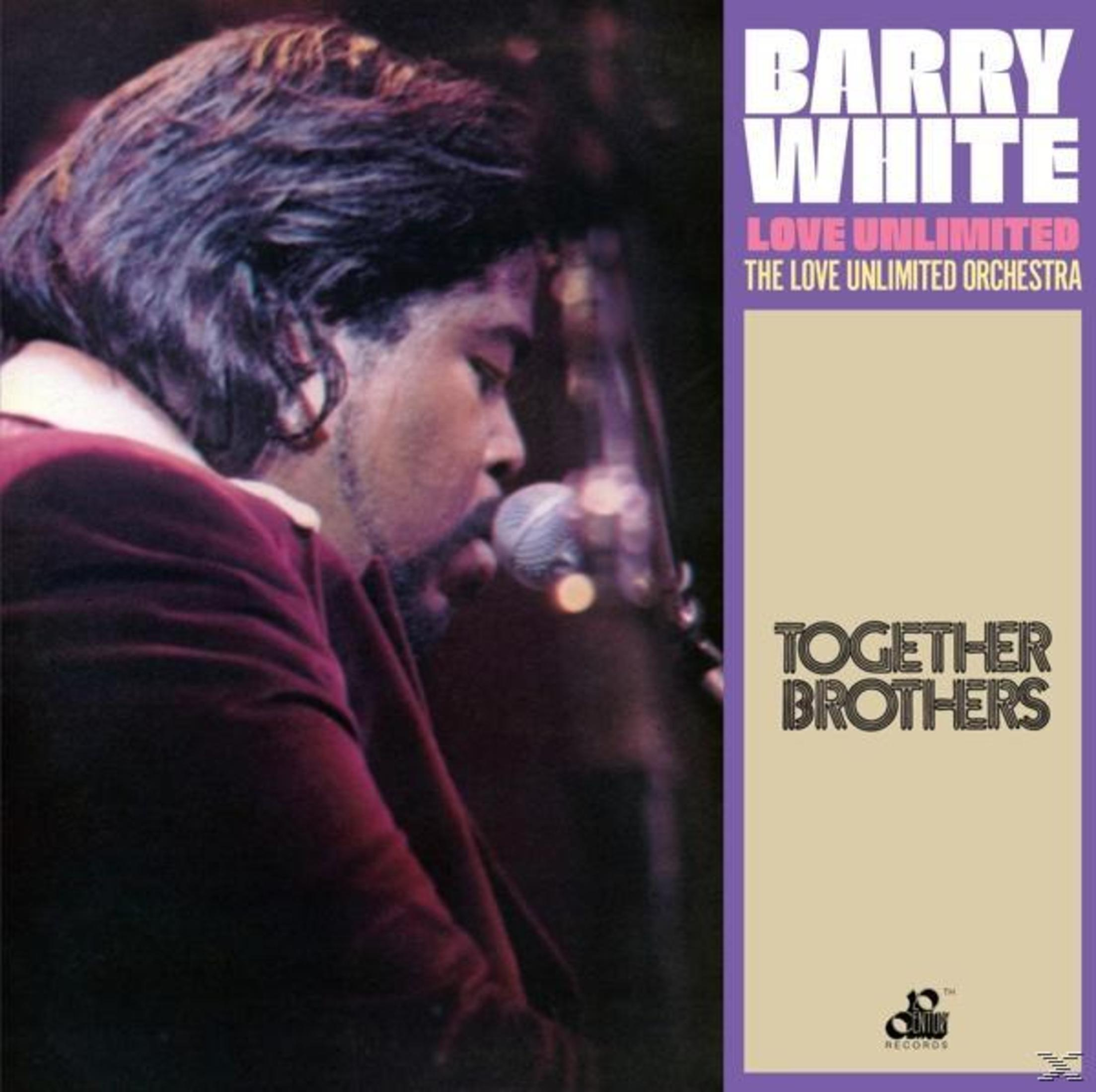 Barry White mit Mikrofon, Albumcover. Lila und beigefarbener Hintergrund. Titel lautet 'Together Brothers' und 'Barry White'.