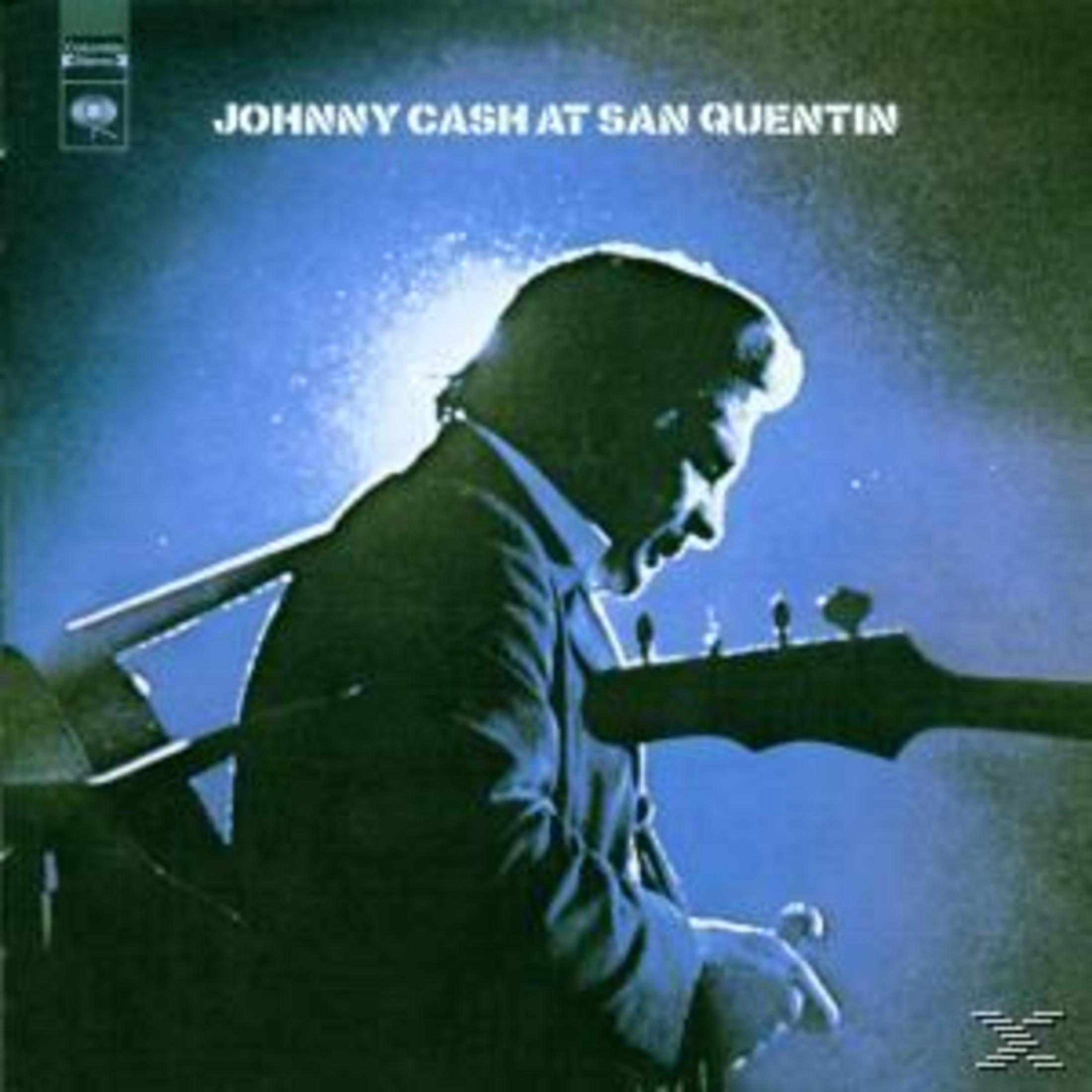 Copertina dell'album. Johnny Cash a San Quentin. Sagoma di Cash che suona la chitarra. I toni blu e neri dominano l'immagine.
