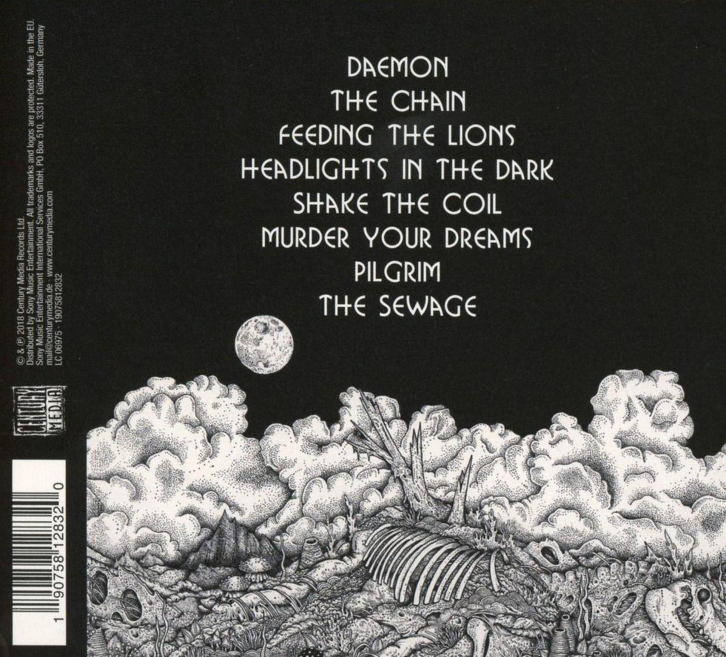 Albumcover mit dunkler Kunst. Enthält Text: Daemon, The Chain, Feeding the Lions und andere Songtitel.