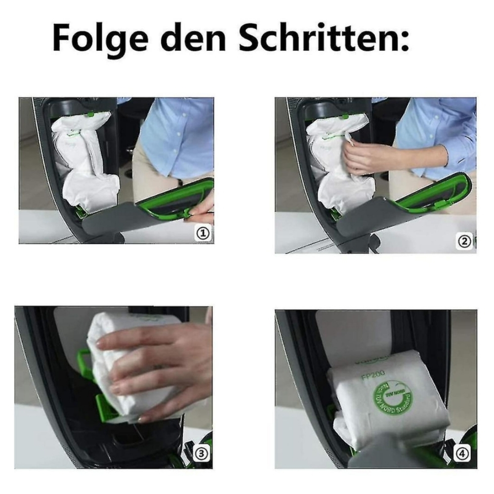 Anweisungen zeigen, wie man einen Staubsaugerbeutel wechselt. Schritte 1-4 zeigen das Entfernen des alten und Einsetzen des neuen Beutels.
