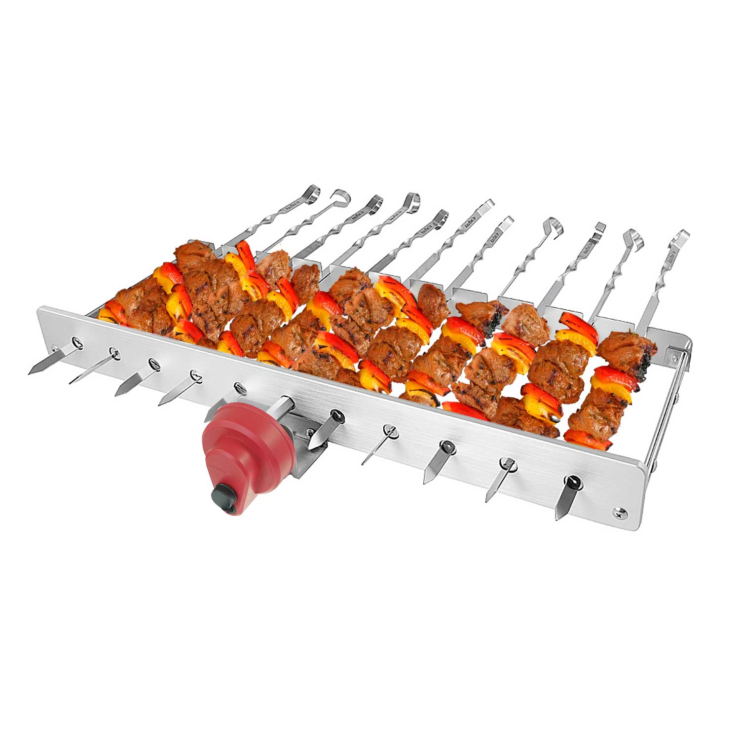 Ein Metallgrill mit Fleisch- und Paprikaspießen. An der Seite befindet sich ein roter Gasregler. Der Hintergrund ist weiß.