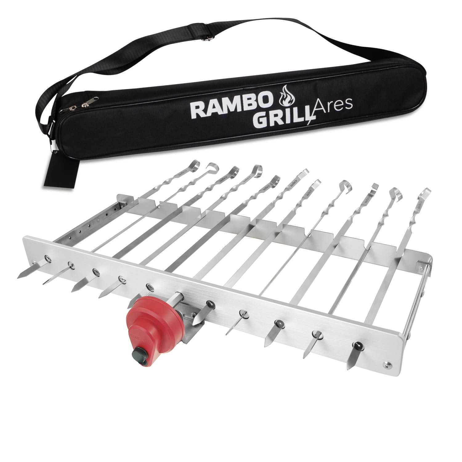 Ein Edelstahl-Grillset mit Spießen und einem roten Bedienknopf. Es hat eine schwarze Tragetasche mit dem Schriftzug "Rambo Grill Ares".