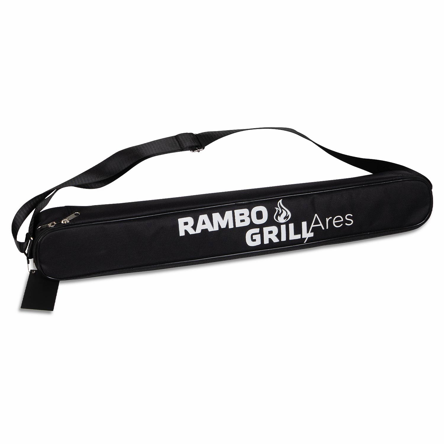 Eine schwarze Tragetasche mit weißem Text "Rambo Grill Ares". Sie hat einen schwarzen Gurt und einen weißen Rand.