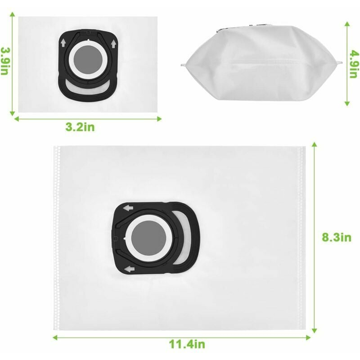 Weißer Staubsaugerbeutel mit schwarzem Kunststoffanschluss. Die Abmessungen sind in Zoll angegeben: 3,9 Zoll, 3,2 Zoll, 4,9 Zoll, 8,3 Zoll und 11,4 Zoll.