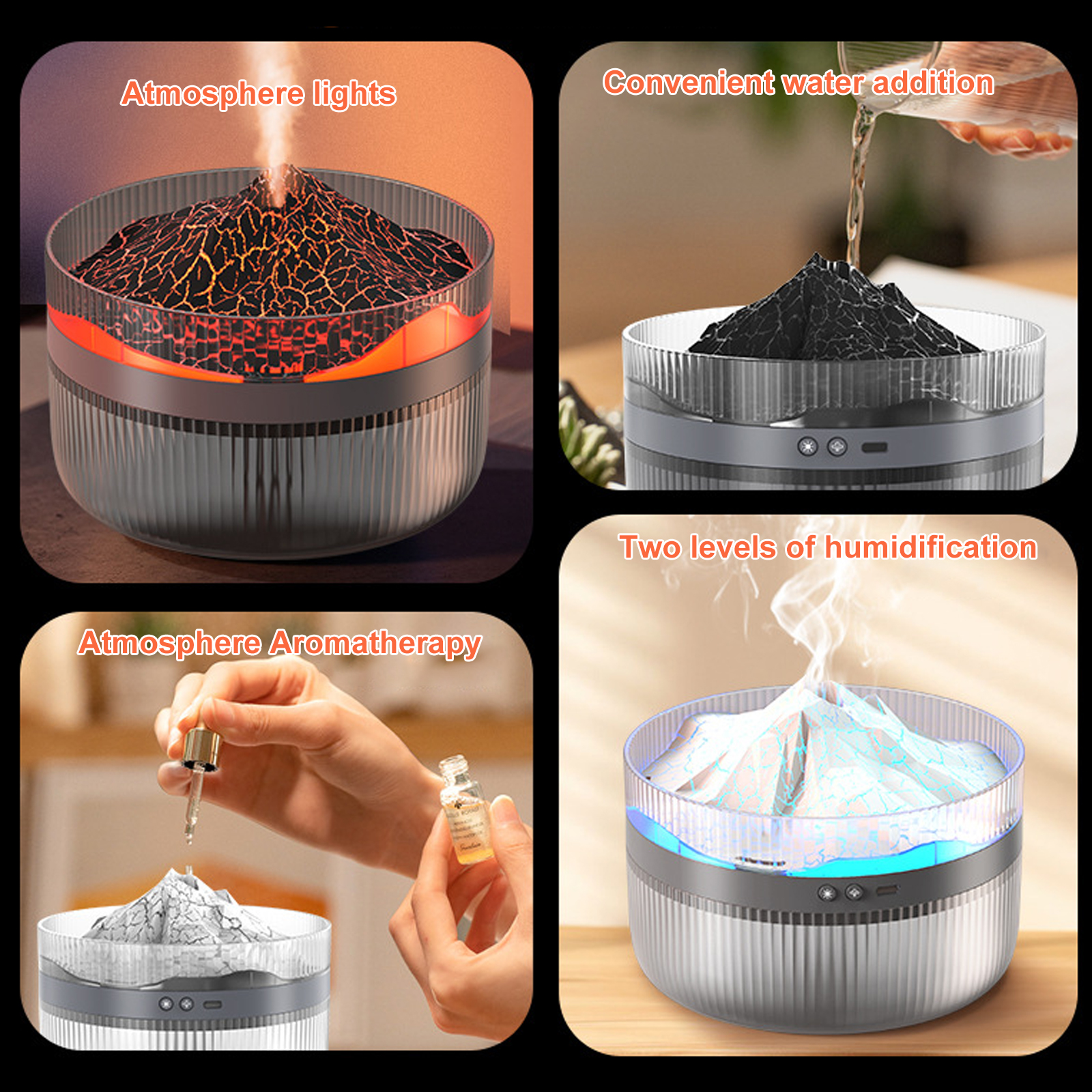 Vier Bilder zeigen einen Luftbefeuchter mit vulkanförmigen Einsätzen mit Licht, Wasser, Aromatherapie und Befeuchtungsstufen.