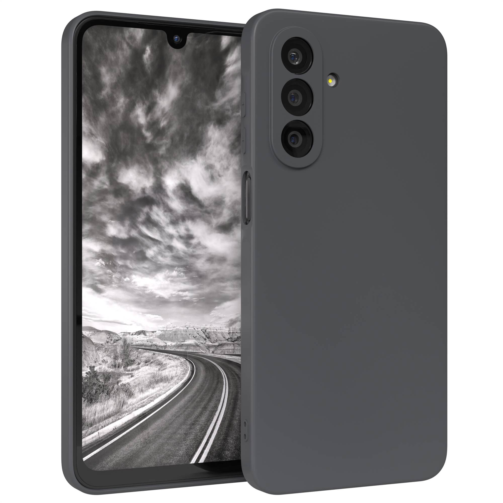 Ein graues Smartphone, teilweise geöffnet, zeigt eine Schwarz-Weiß-Landschaft mit einer Straße.