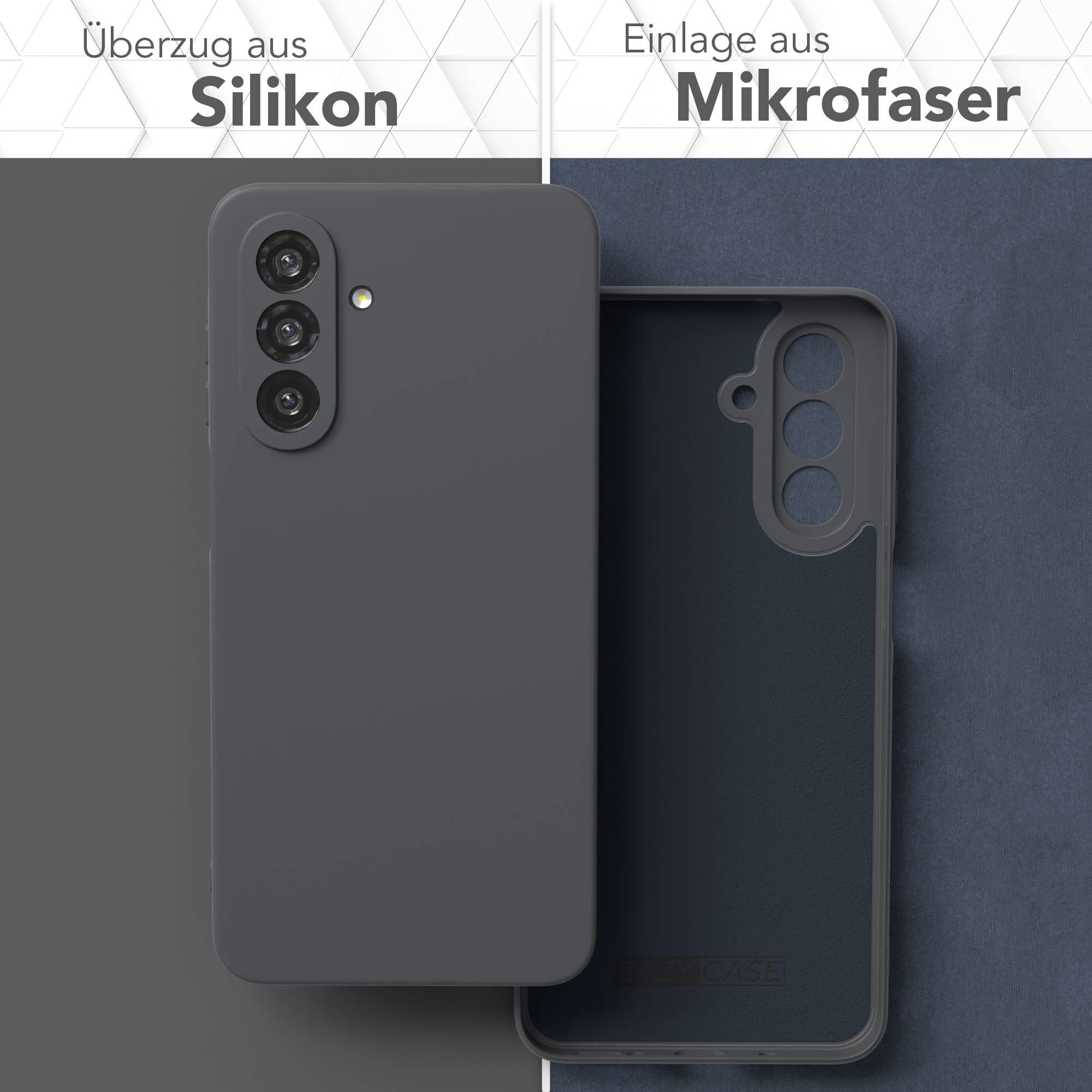 Eine Handyhülle mit Silikonaußenseite und Mikrofaserinnenseite. Die Hülle ist dunkelgrau, die Innenseite blau.