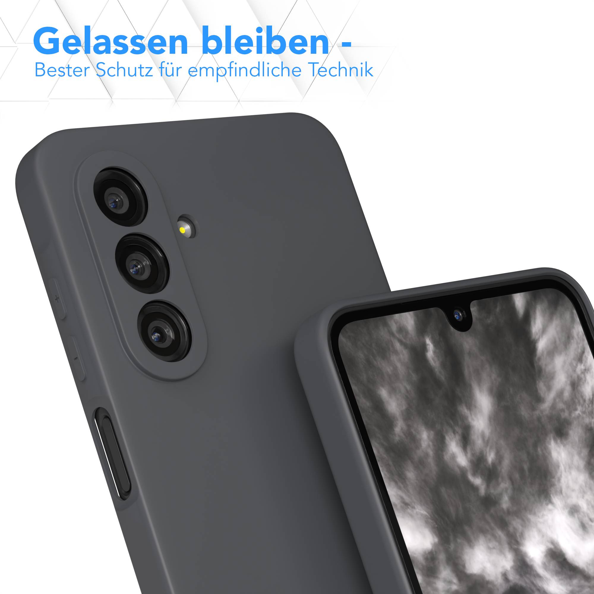 Zwei graue Smartphones werden gezeigt, eines vorne, das andere hinten. Ein Bildschirm zeigt ein schwarz-weißes Wolkenmuster.