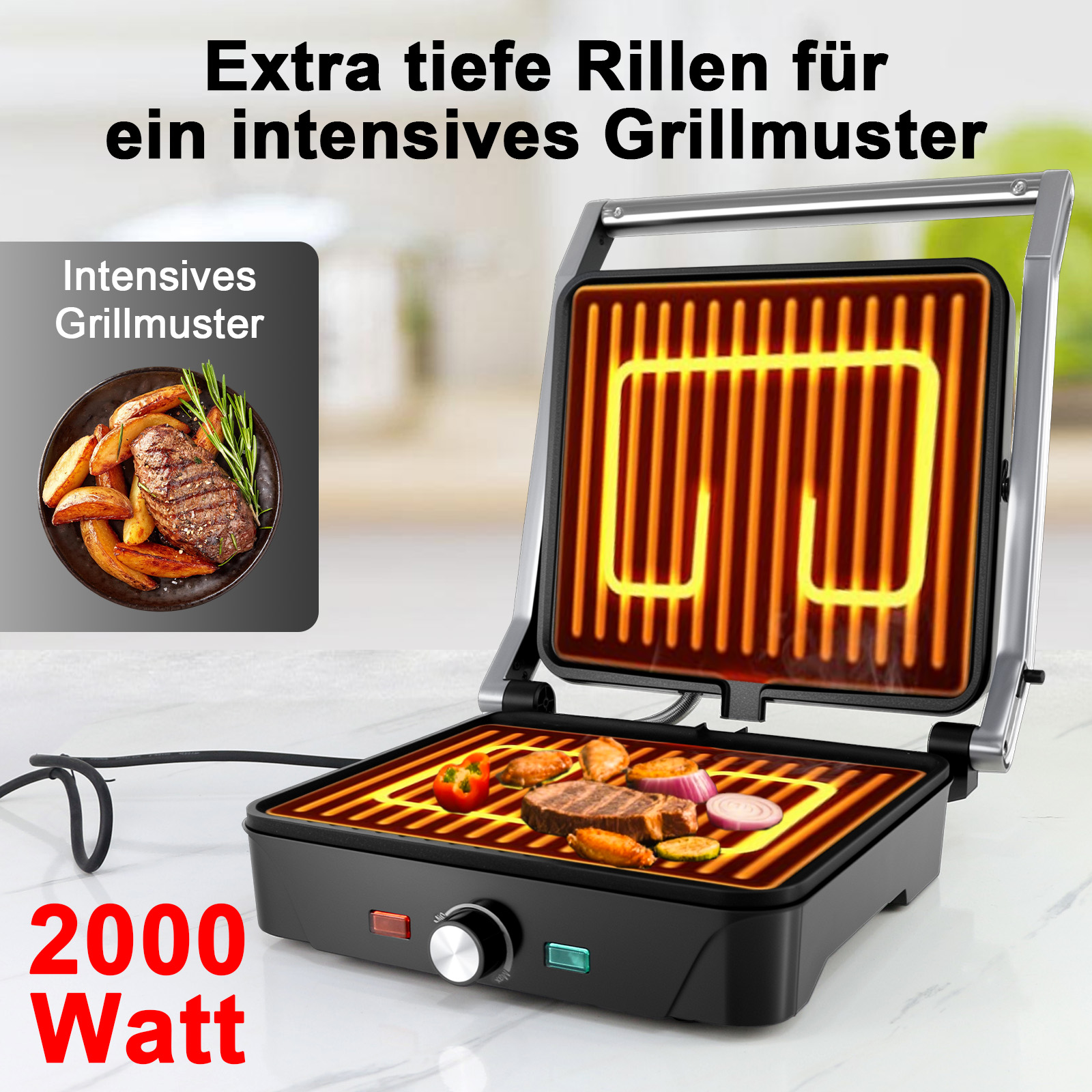 Ein offener Grill mit Essen und einem Teller mit Essen links. Der Grill hat einen schwarzen Sockel und ein Metalldach.