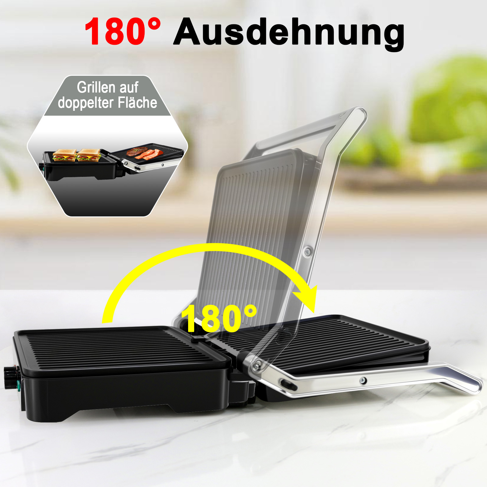 Ein schwarzer Grill ist um 180 Grad geöffnet dargestellt. Eingefügtes Bild von grillenden Speisen. Text: 180° Ausdehnung, Grillen auf doppelter Fläche.