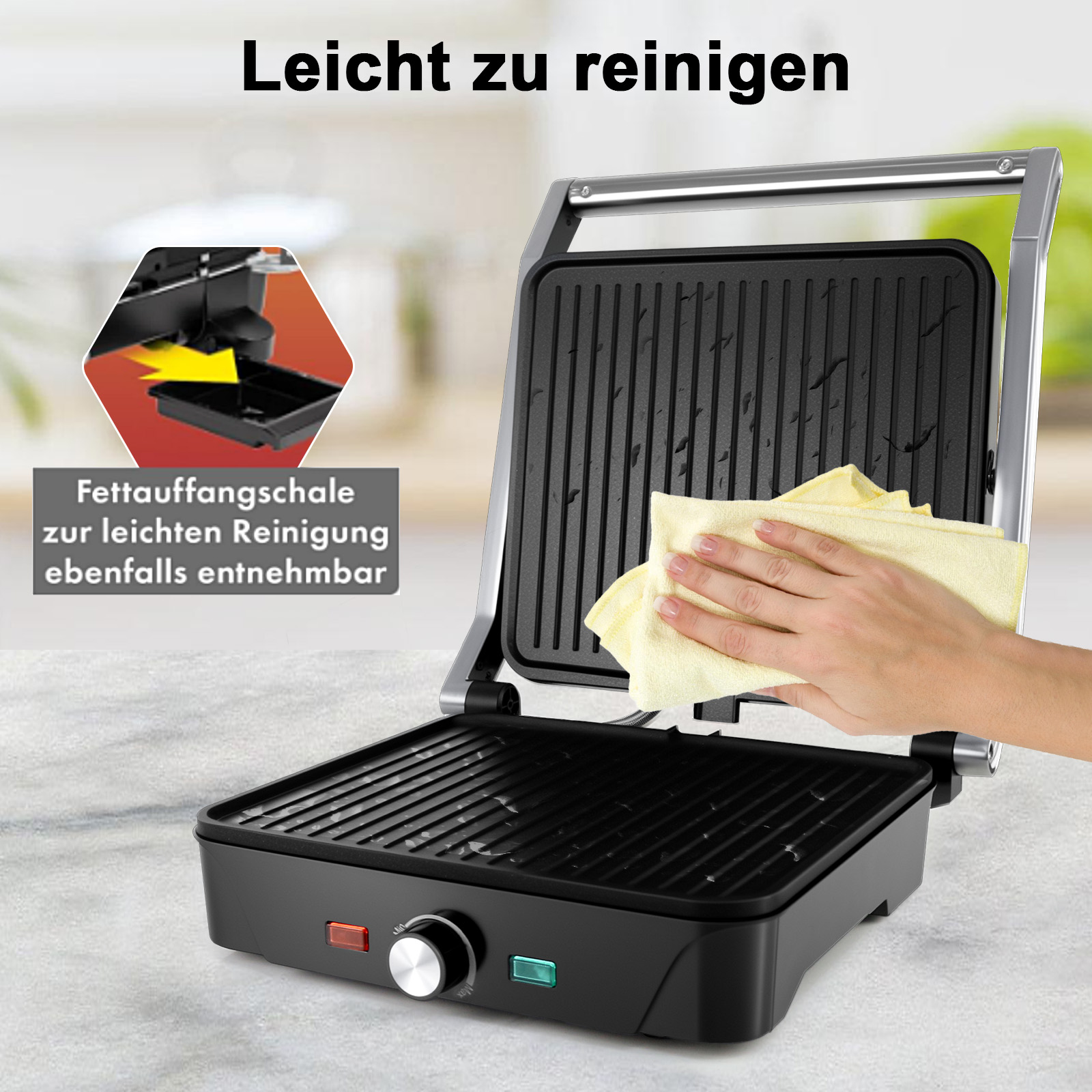 Ein schwarzer Grill wird mit einem gelben Tuch gereinigt. Eine Grafik zeigt die abnehmbare Fettauffangschale. Text: Leicht zu reinigen.