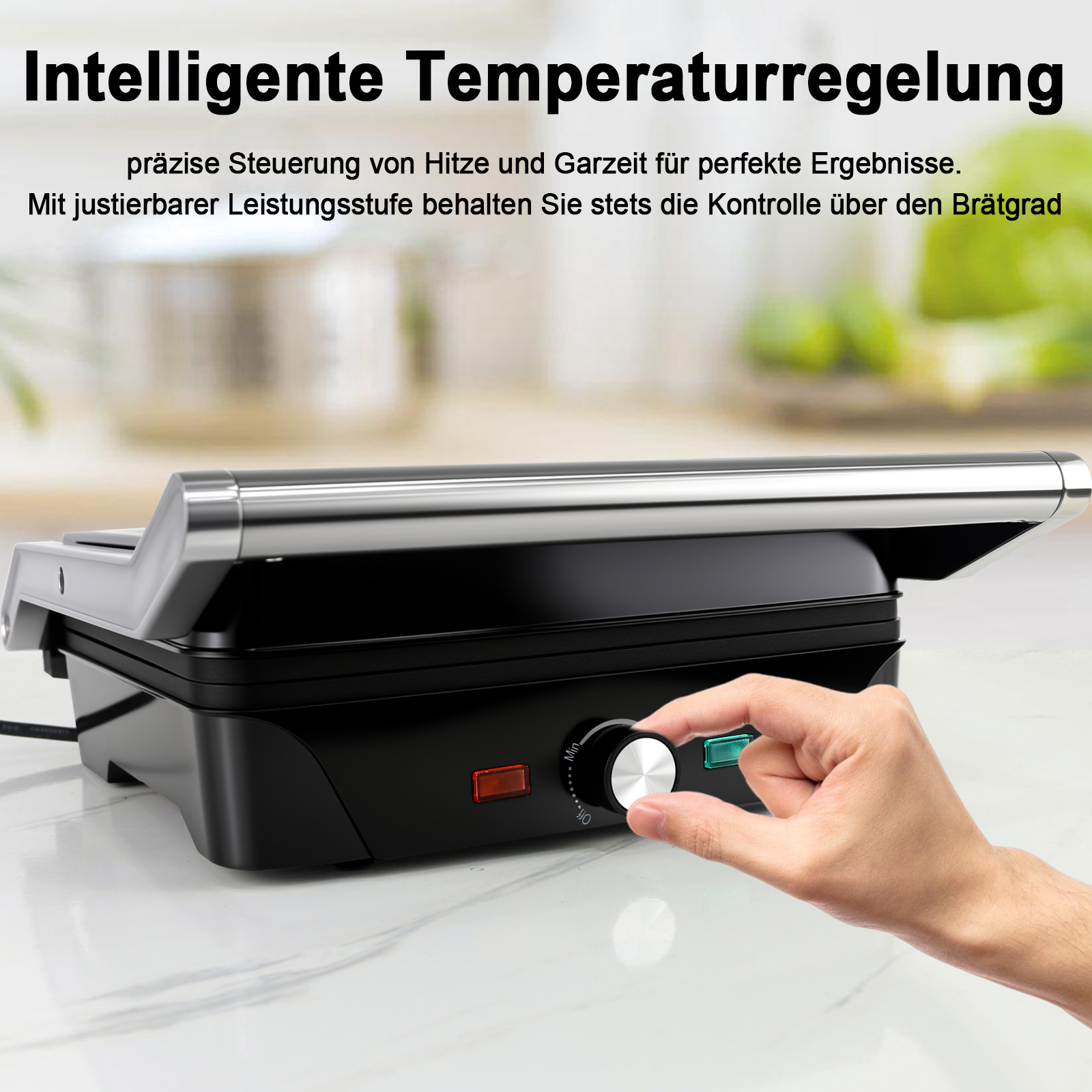Ein schwarzer Grill, an dem eine Hand den Knopf einstellt. Der Grill steht auf einer weißen Oberfläche. Text: 'Intelligente Temperaturregelung'.