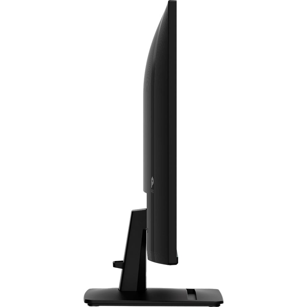 Czarny monitor komputera widziany z boku. Ma podstawę, a ekran jest cienki.