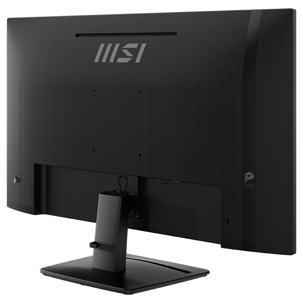 Czarny monitor komputera z tyłu. Ma podstawkę. Logo MSI znajduje się u góry. "PRO" jest po prawej stronie.