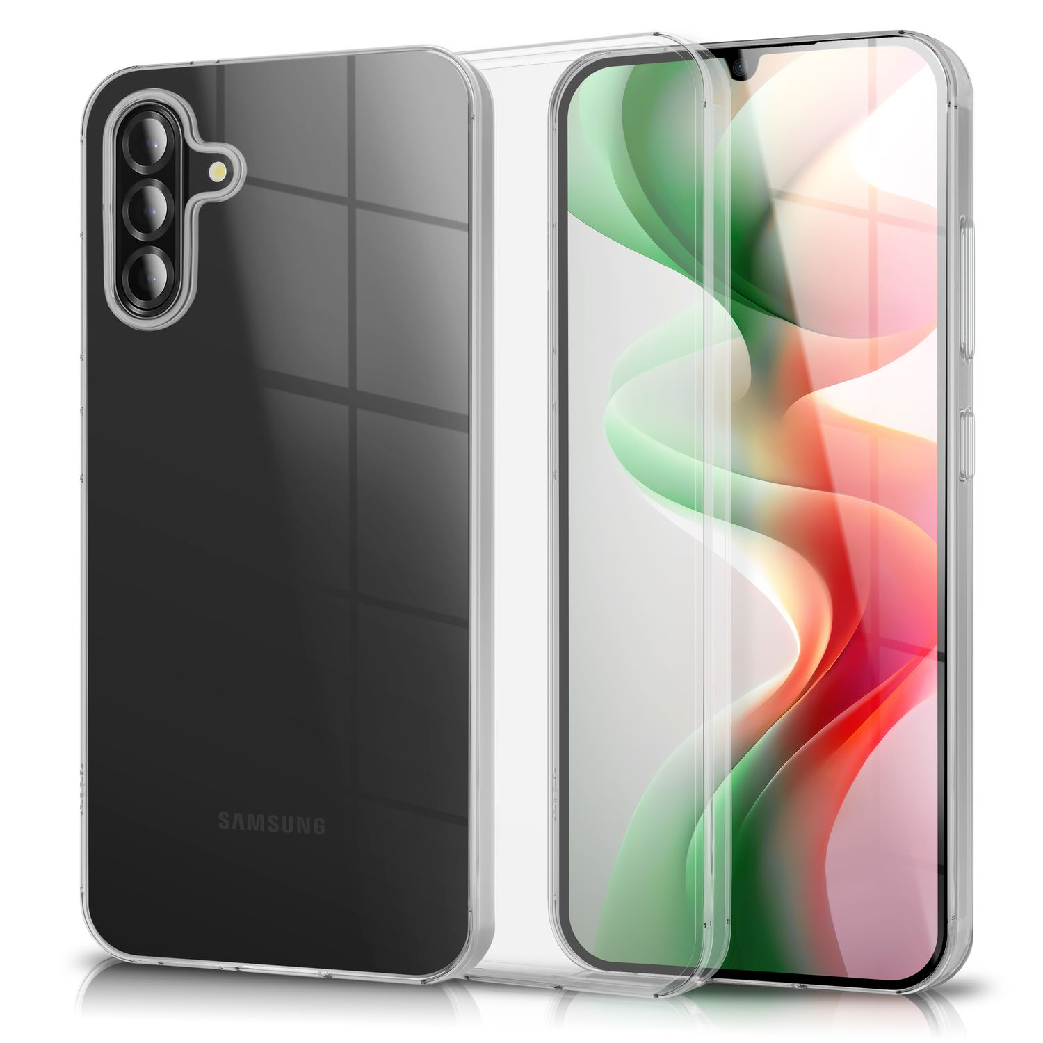 Eine transparente Handyhülle mit einem schwarzen Telefon. Der Bildschirm zeigt abstrakte Farben. Das Samsung-Logo ist sichtbar.