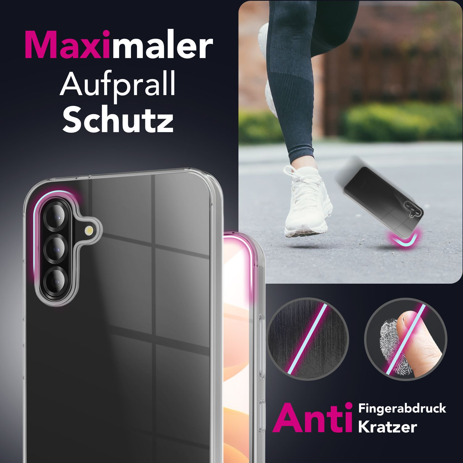 Eine Person rennt neben einer Handyhülle. Die Hülle ist transparent mit rosa Akzenten. Text: 'Maximaler Aufprall Schutz' und 'Anti Fingerabdruck Kratzer'.