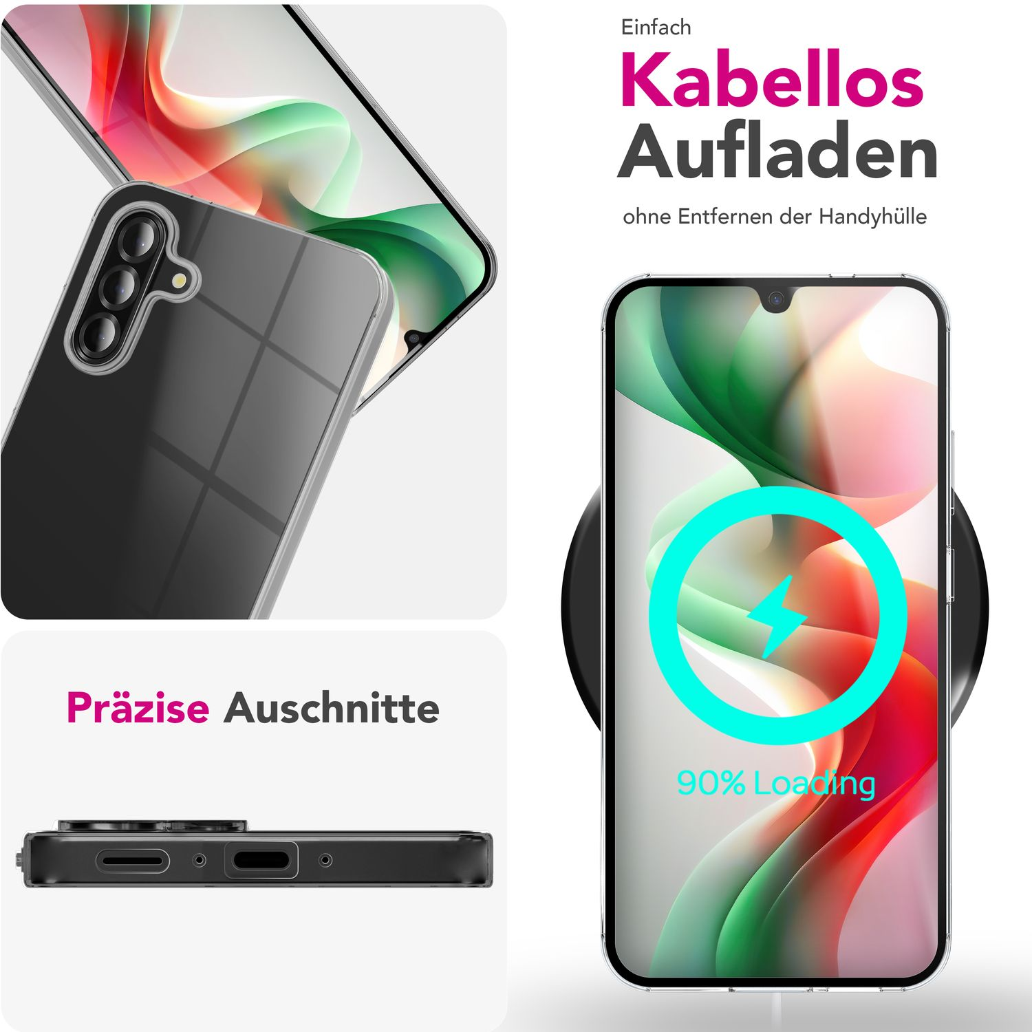 Telefon auf kabellosem Ladegerät. Telefon zeigt bunten Hintergrund. Schutzhülle und Telefonunterseite sind ebenfalls abgebildet.