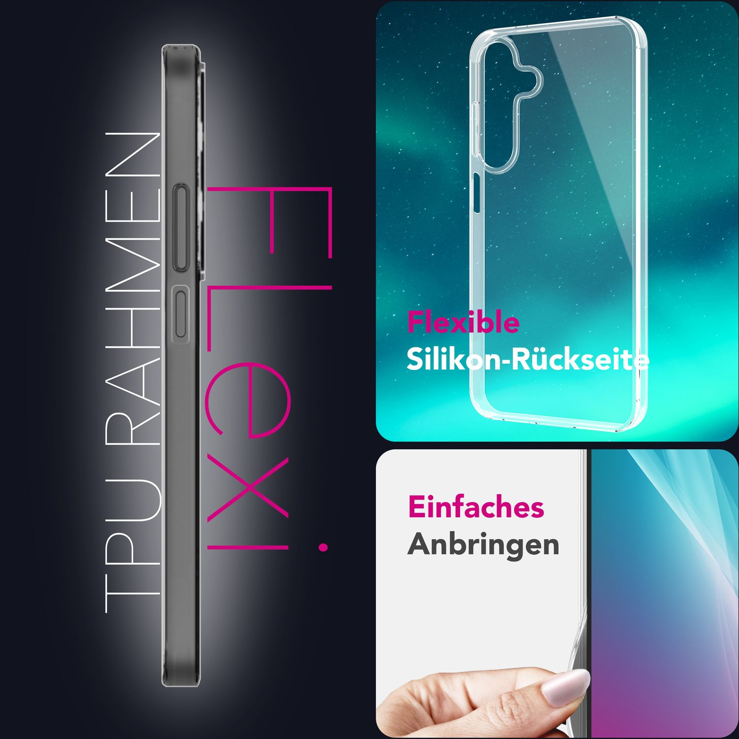 Das Bild zeigt eine transparente Handyhülle mit Text und Grafiken. Sie bewirbt eine flexible Silikonrückseite. Der Hintergrund ist ein Farbverlauf.