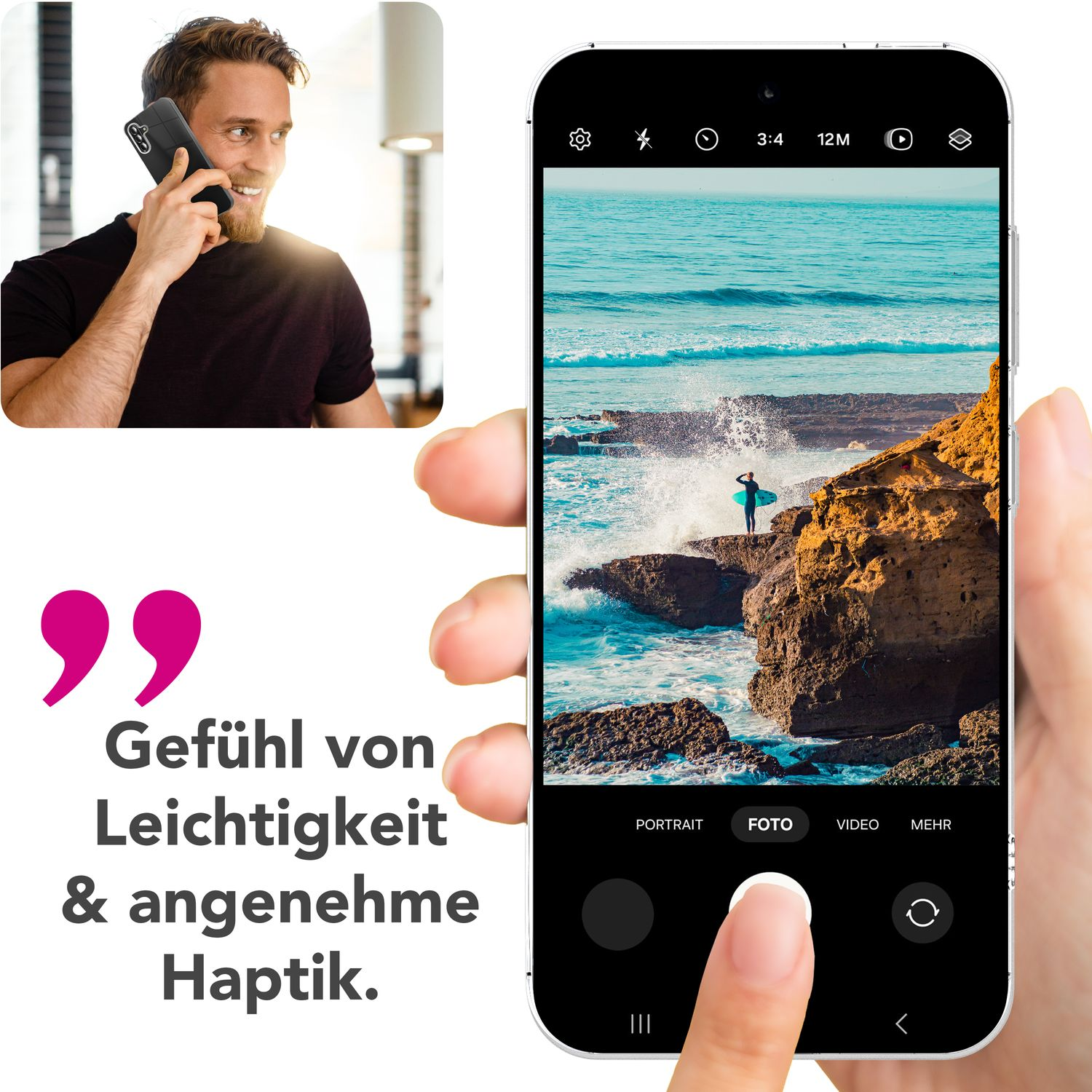Mann telefoniert, hält ein Handy mit Strandmotiv. Person macht Foto von Surfer auf Felsen.
