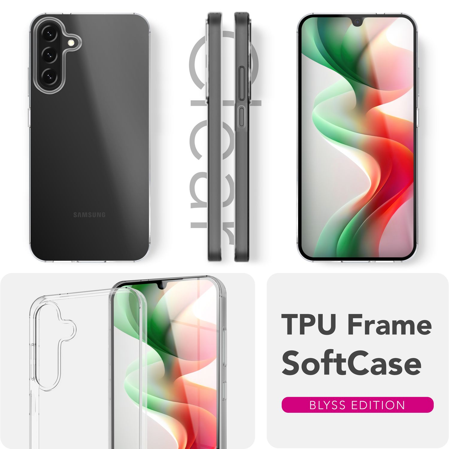 Telefon in klarer Hülle. Das Display zeigt farbenfrohes, abstraktes Design. Mehrere Ansichten von Telefon und Hülle. Text: TPU Frame SoftCase.