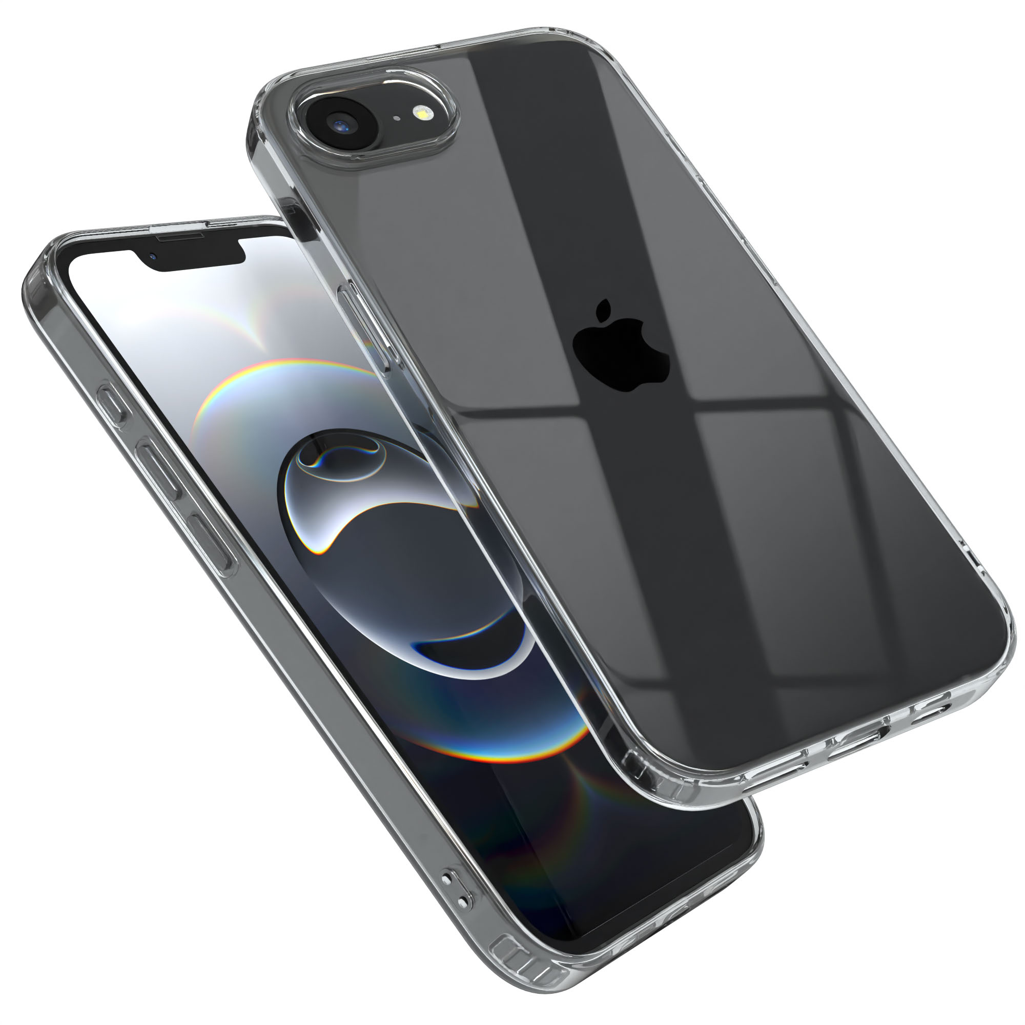 Zwei transparente iPhone-Hüllen, eine über der anderen, zeigen den Bildschirm und das Apple-Logo auf weißem Hintergrund.