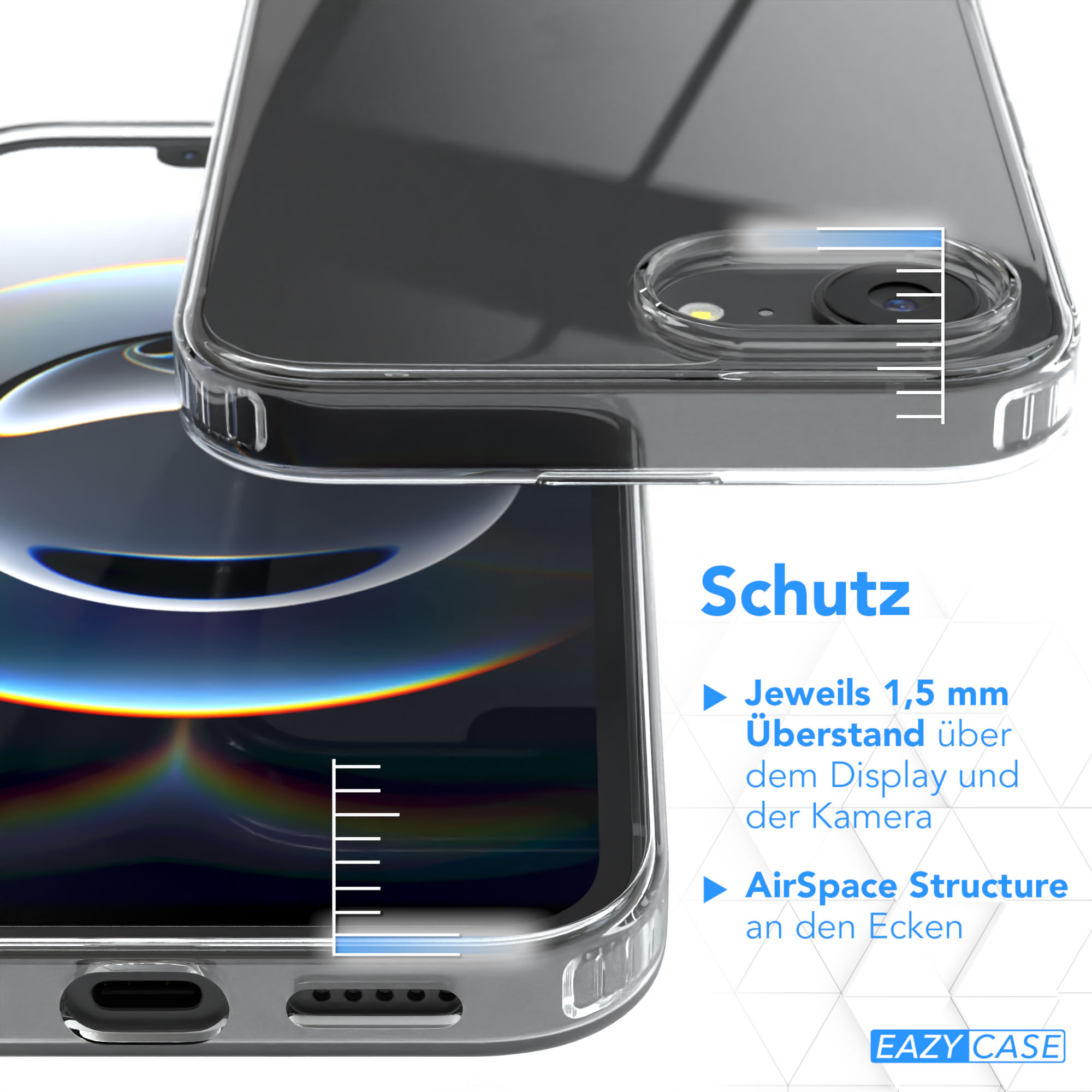 Transparente Handyhülle auf weißem Hintergrund. Text erwähnt Schutzfunktionen wie erhöhte Kanten und Eckstruktur.