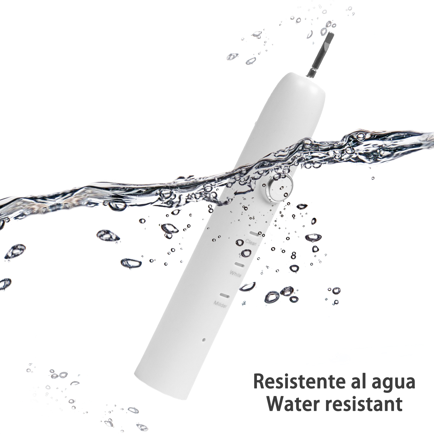 Eine weiße elektrische Zahnbürste ist in Wasser mit Blasen getaucht. Der Text lautet 'Wasserfest.'