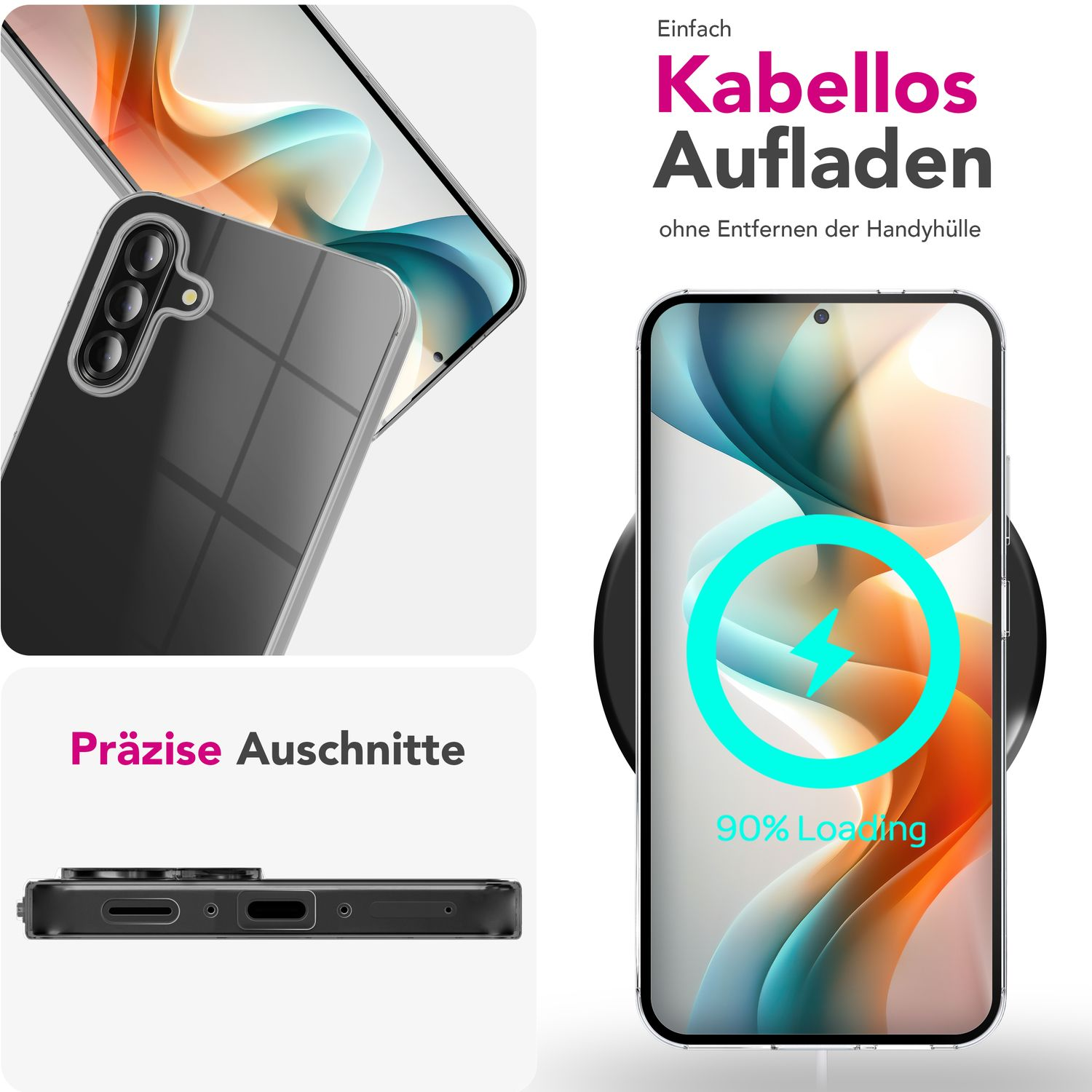 Smartphone auf kabellosem Ladegerät. Handyhülle daneben. Text auf Deutsch: Kabelloses Laden. 90% Ladeanzeige.