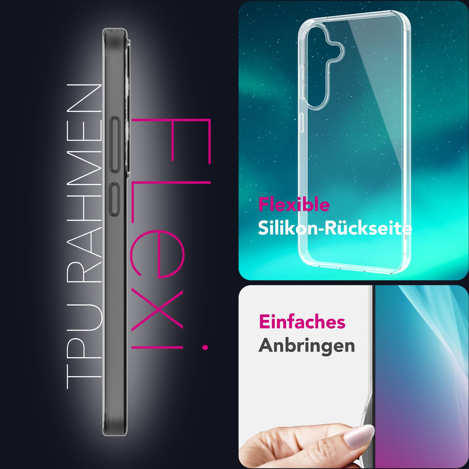 Ein durchsichtiges Handycase wird gezeigt, die Wörter 'TPU Rahmen' und 'Flexible Silikon-Rückseite' sind ebenfalls auf dem Bild.