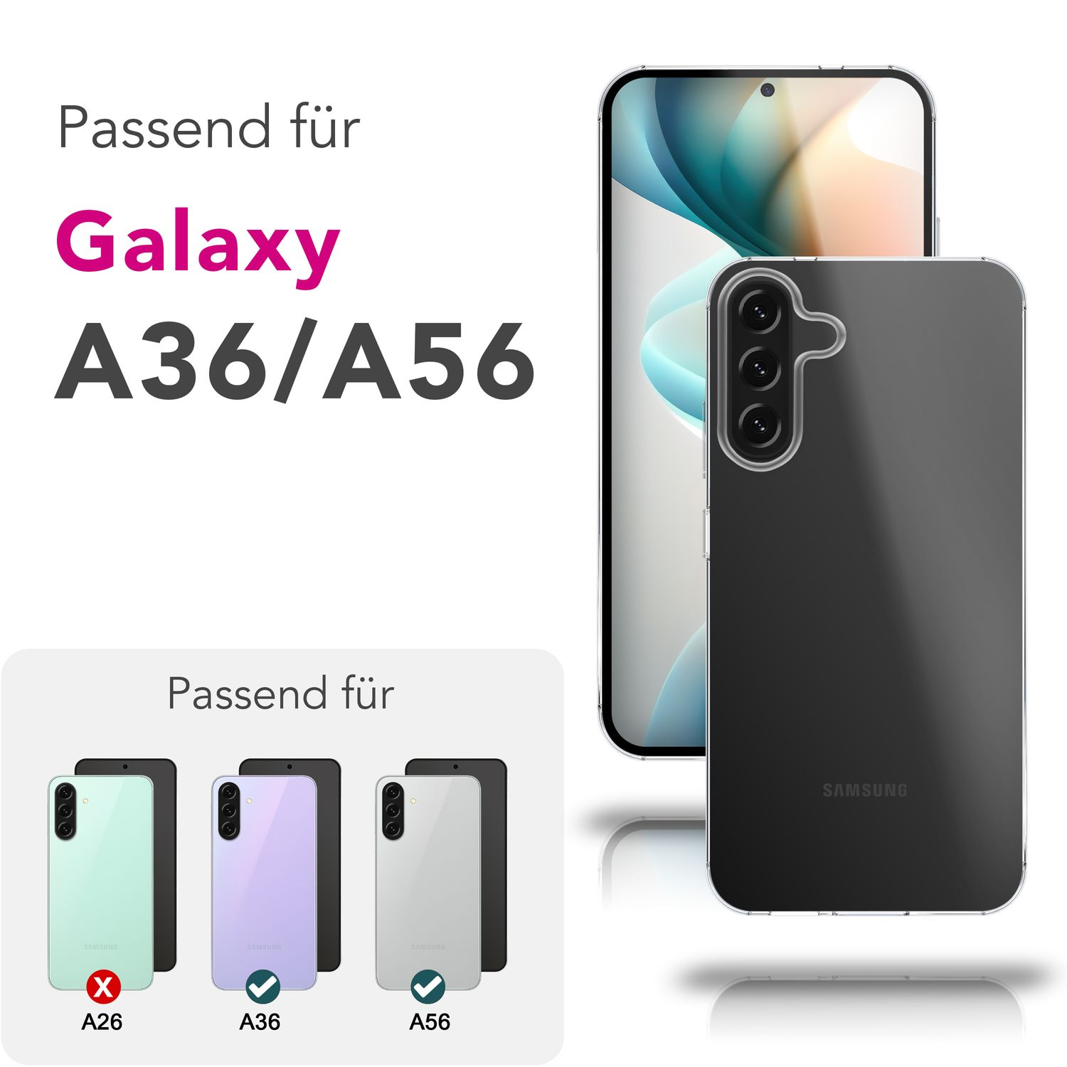 Eine Handyhülle und ein Smartphone. Die Hülle ist durchsichtig und das Telefon ist weiß. Text auf dem Bild: Galaxy A36/A56 und Passend für.