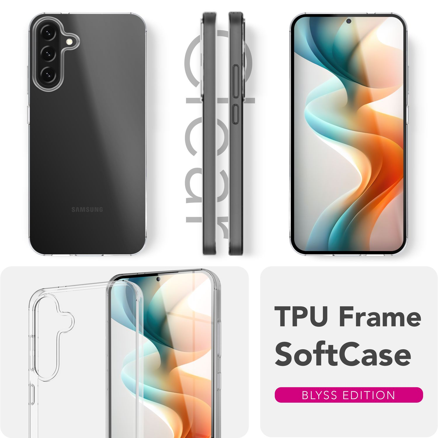 Eine transparente Handyhülle, die ein Handy zeigt. Der Hintergrund zeigt eine weiße Oberfläche mit dem Text 'TPU Frame SoftCase' und einem Markennamen.