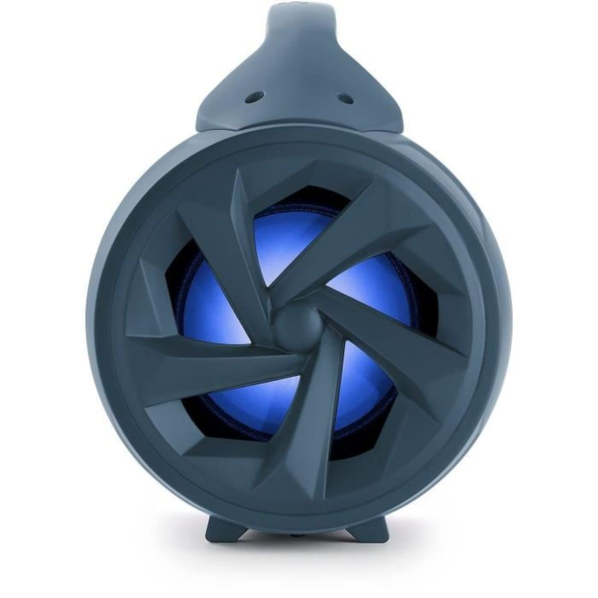 Un altavoz azul grisáceo con diseño de rueda. El centro brilla en azul. Tiene un asa y está sobre fondo blanco.