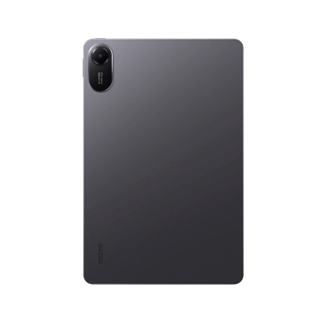 Ein dunkelgraues Redmi-Tablet wird von hinten gezeigt. Es hat ein Kameramodul oben und das Redmi-Logo unten.