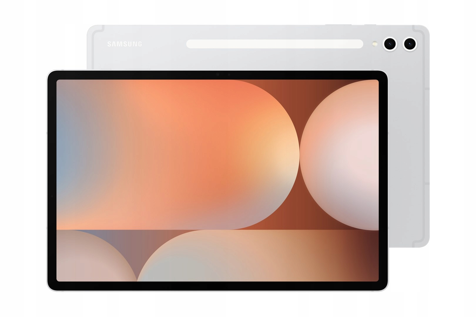 Twee zilveren Samsung tablets. De voorste tablet toont een abstract ontwerp met oranje, bruine en witte cirkels. De achterste tablet is zichtbaar.