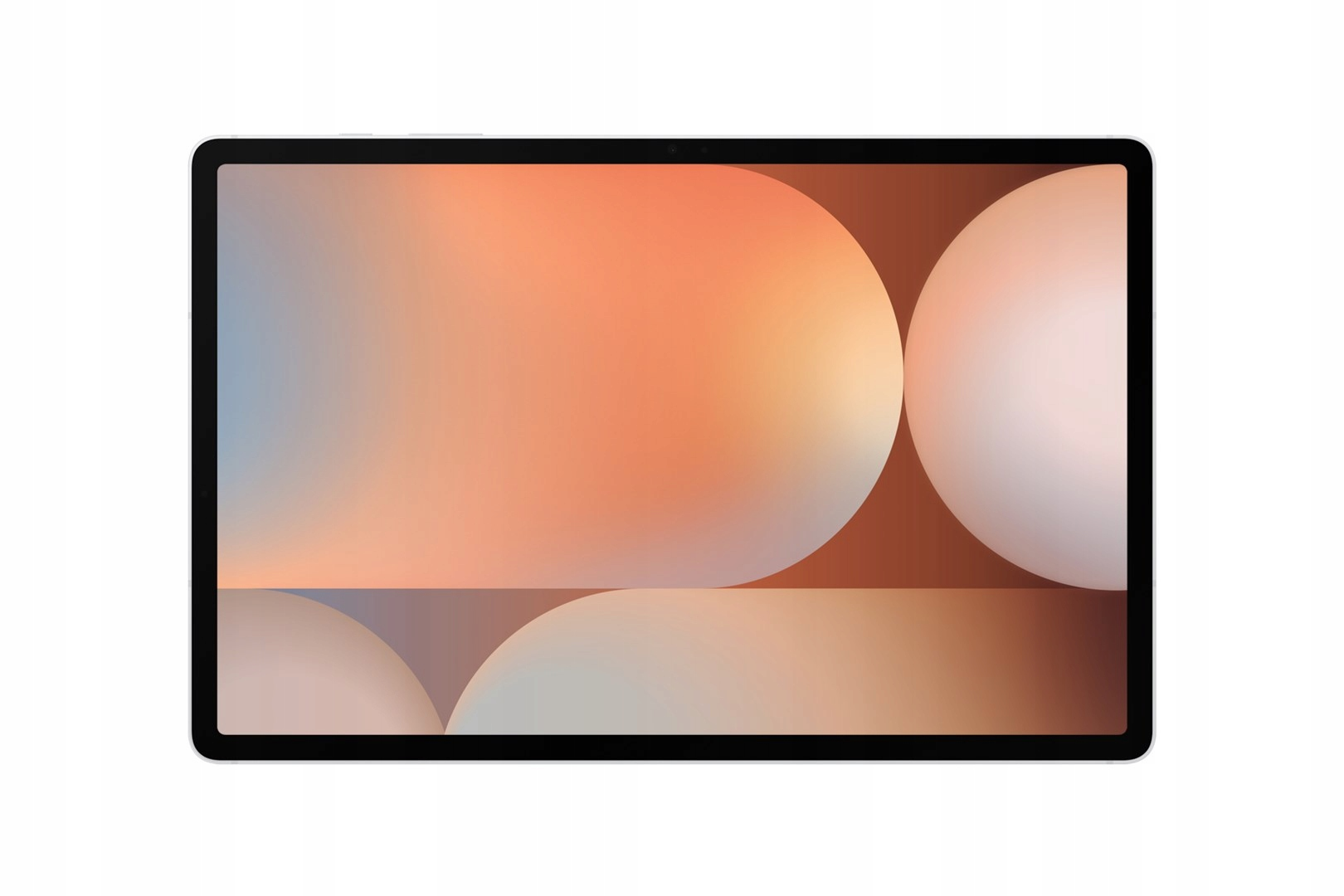 Een tablet met een kleurrijke abstracte achtergrond. De achtergrond heeft verlopen van oranje, witte en bruine cirkelvormen.