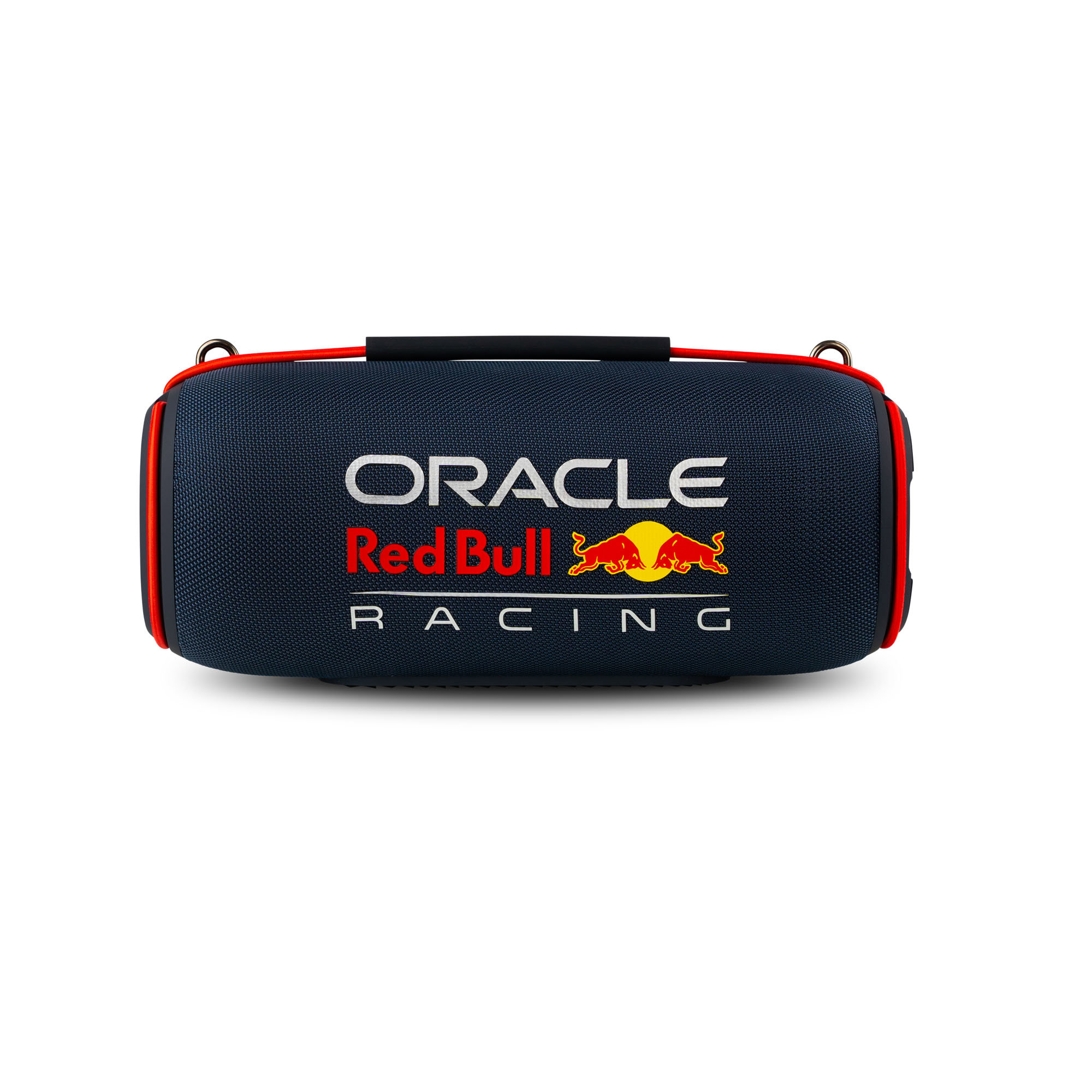 Eine marineblaue zylindrische Tasche mit Oracle Red Bull Racing-Branding. Sie hat eine rote Umrandung und einen schwarzen Griff. Weißer Hintergrund.