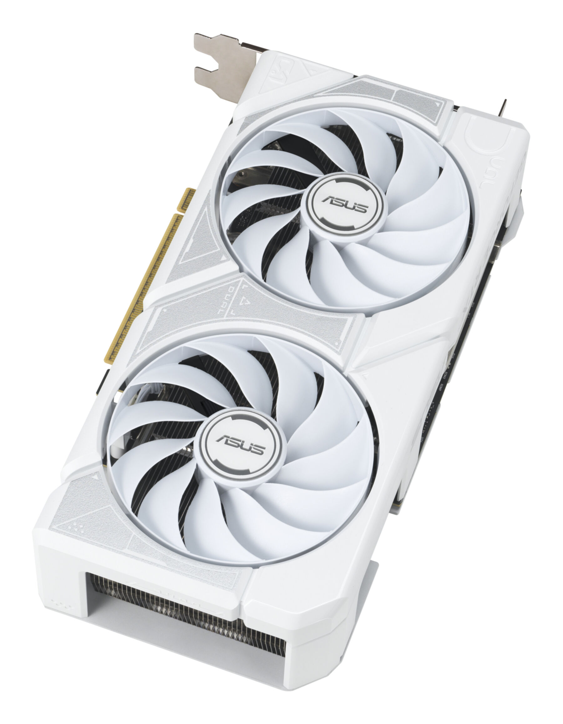 A white ASUS graphics card with two fans. The fans have multiple blades. The card is against a white background.