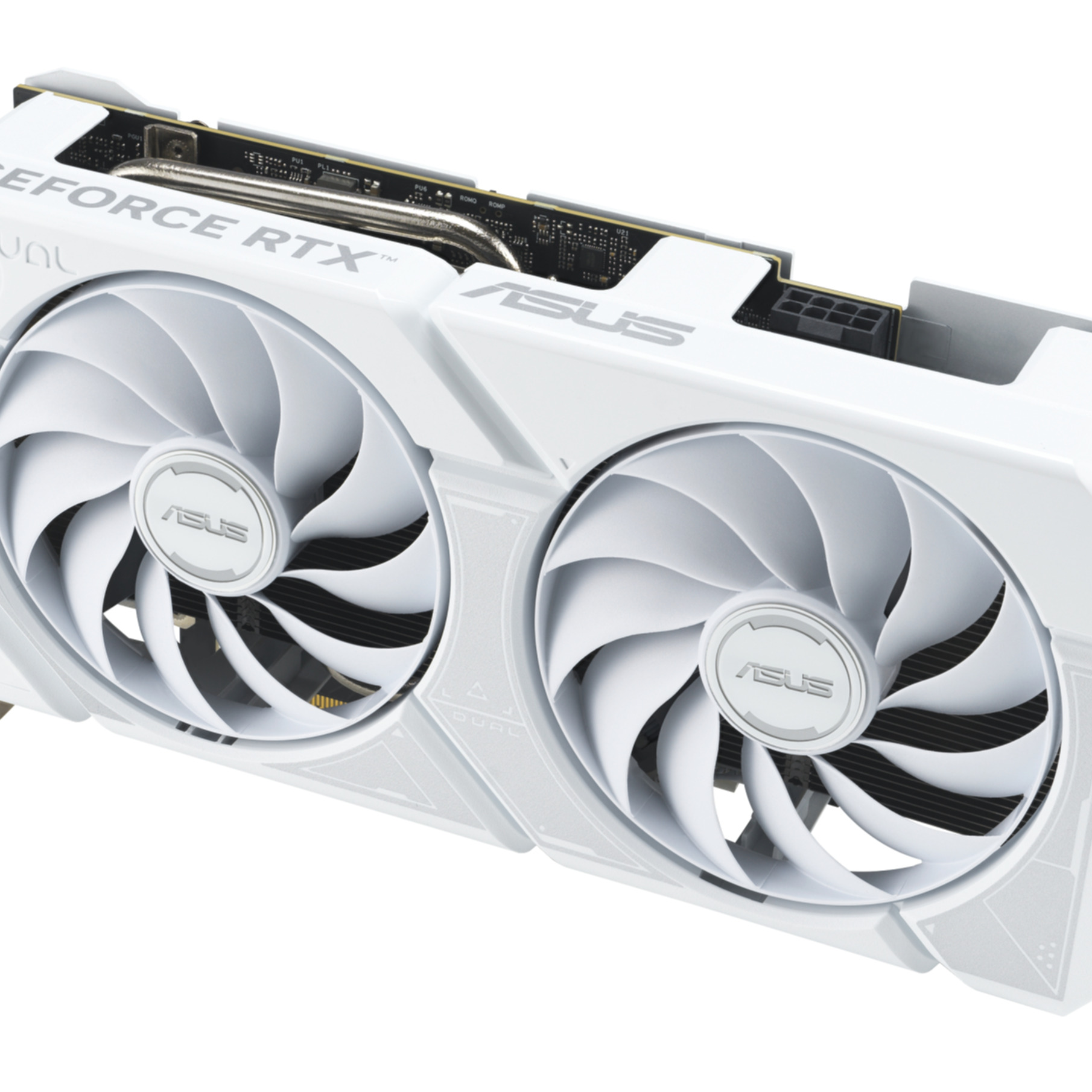 White ASUS GeForce RTX graphics card. Features two large fans, the word ASUS, and GeForce RTX branding.