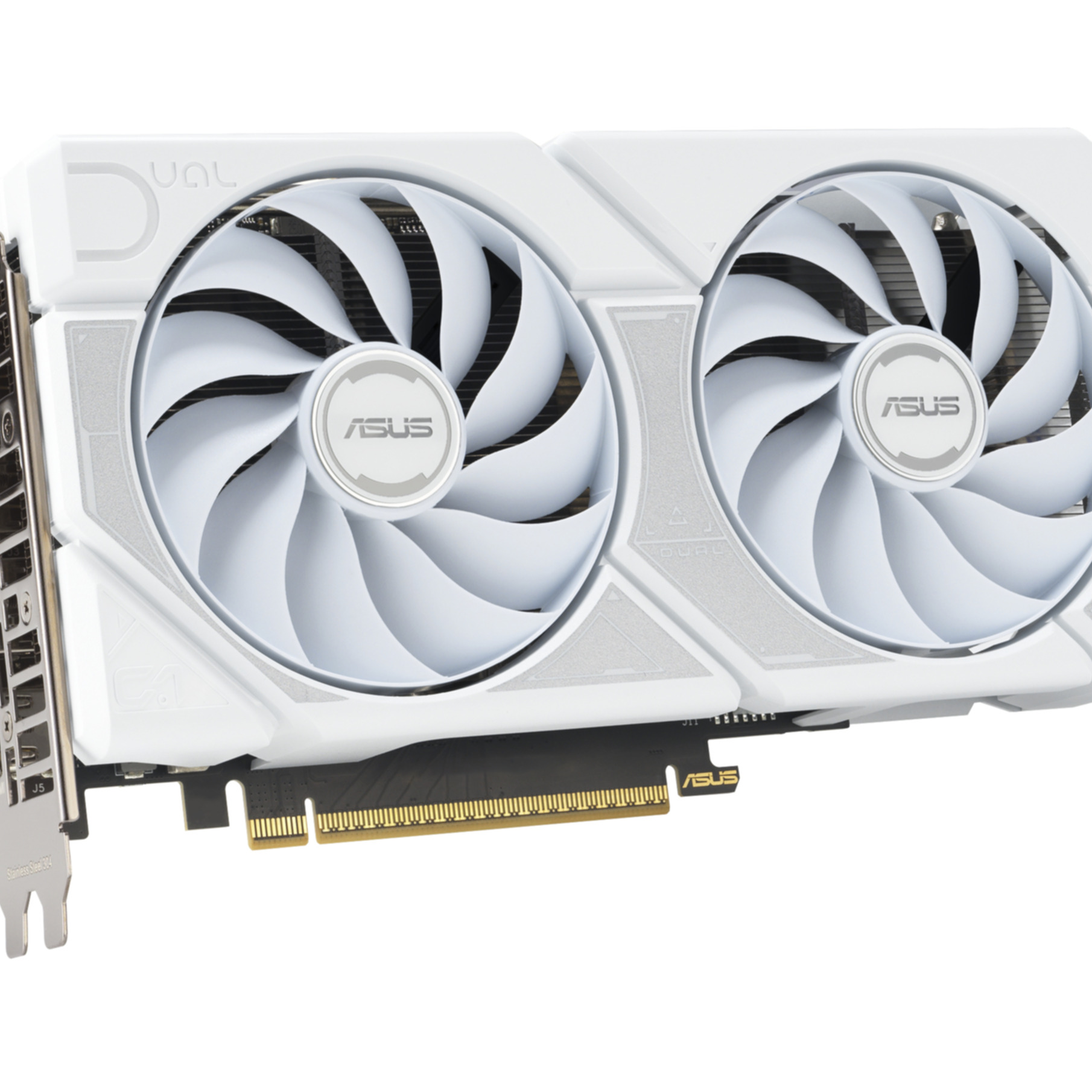 A white ASUS Dual graphics card, featuring two fans, with the ASUS logo. The card has a white and silver design.