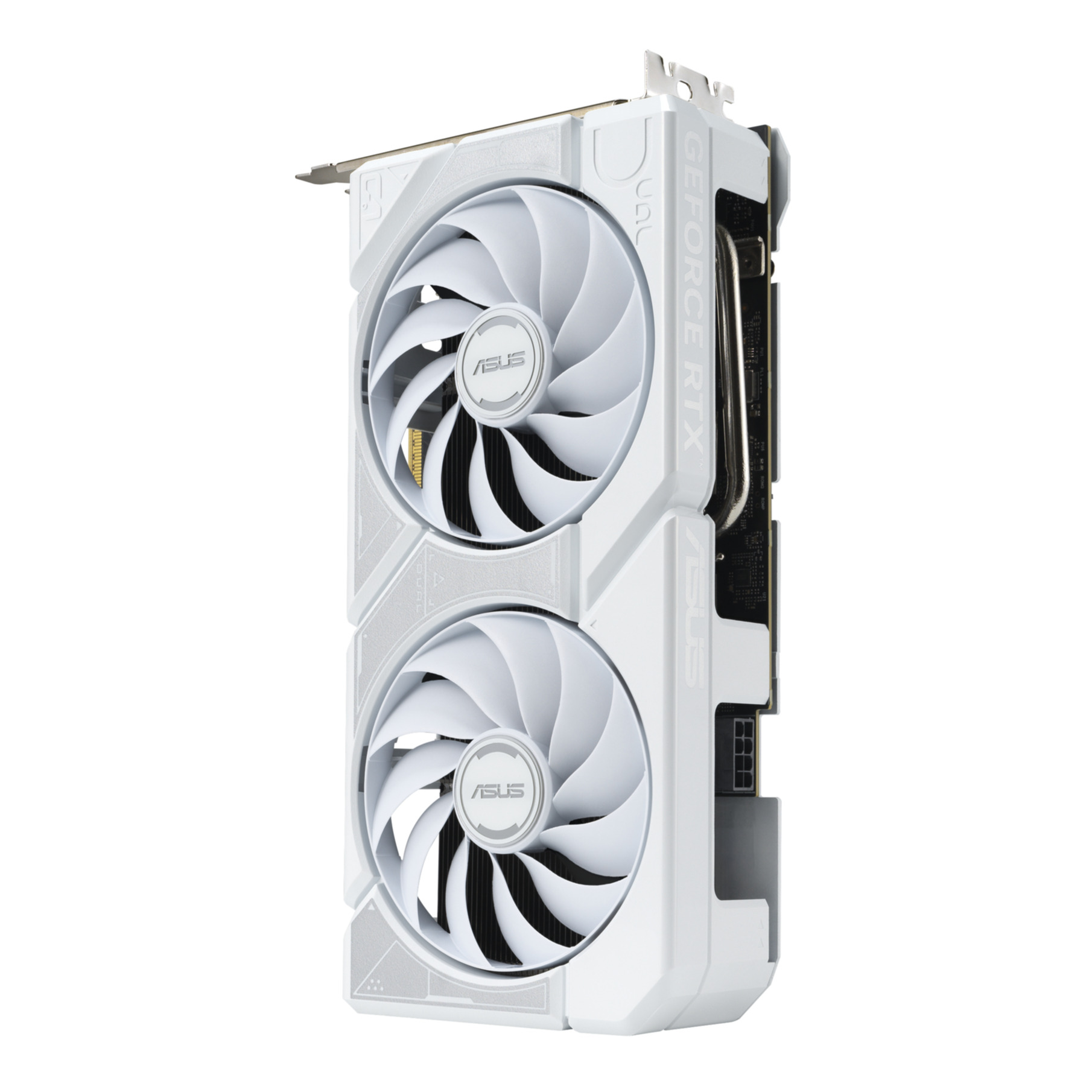 White ASUS GeForce RTX graphics card. It has two fans, and the name ASUS is visible on it.