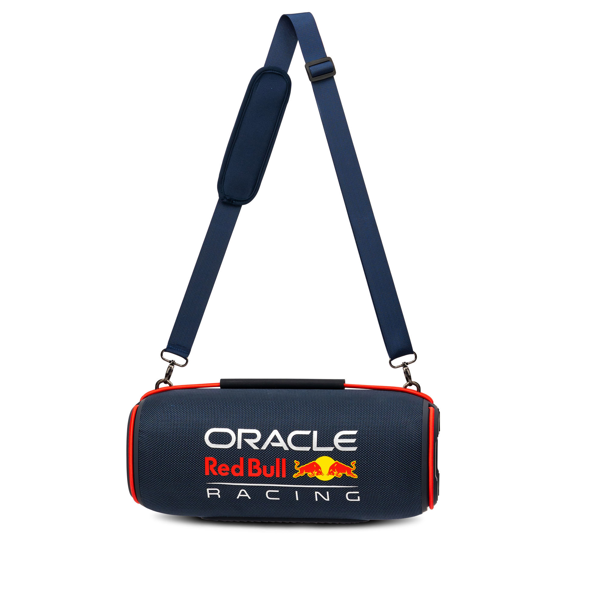 Eine marineblaue Red Bull Racing-Duffel-Tasche mit Schultergurt. Sie hat die Logos von Oracle und Red Bull Racing.