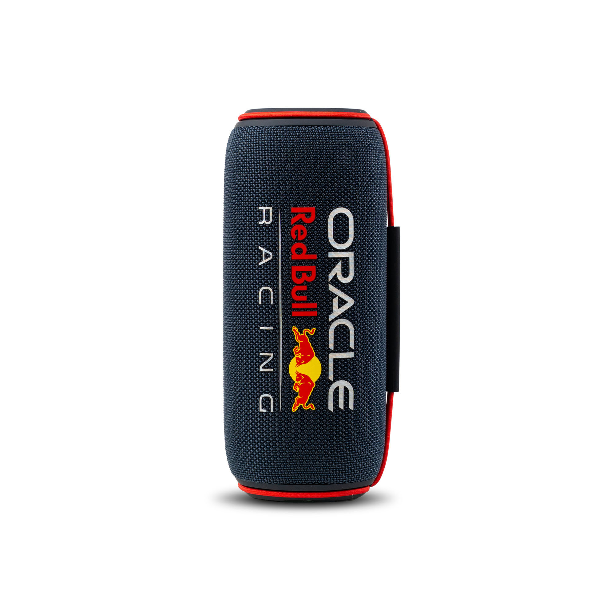 Een cilindrische luidspreker met marineblauwe stof, Red Bull Racing-logo en Oracle-branding. Rode rand boven en onder. Zwarte band aan de zijkant.