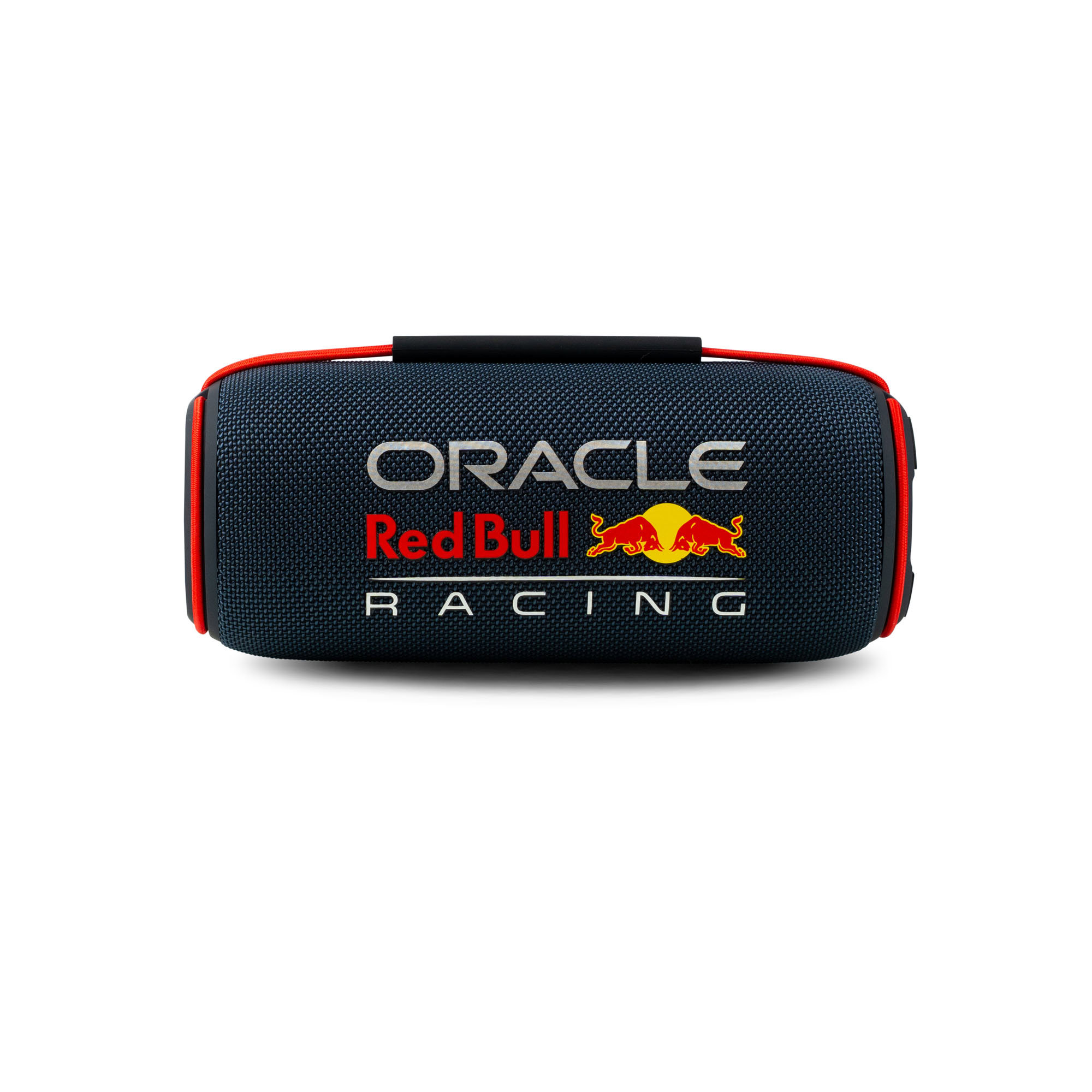 Een blauwe en rode speaker met Oracle Red Bull Racing logo op een witte achtergrond.