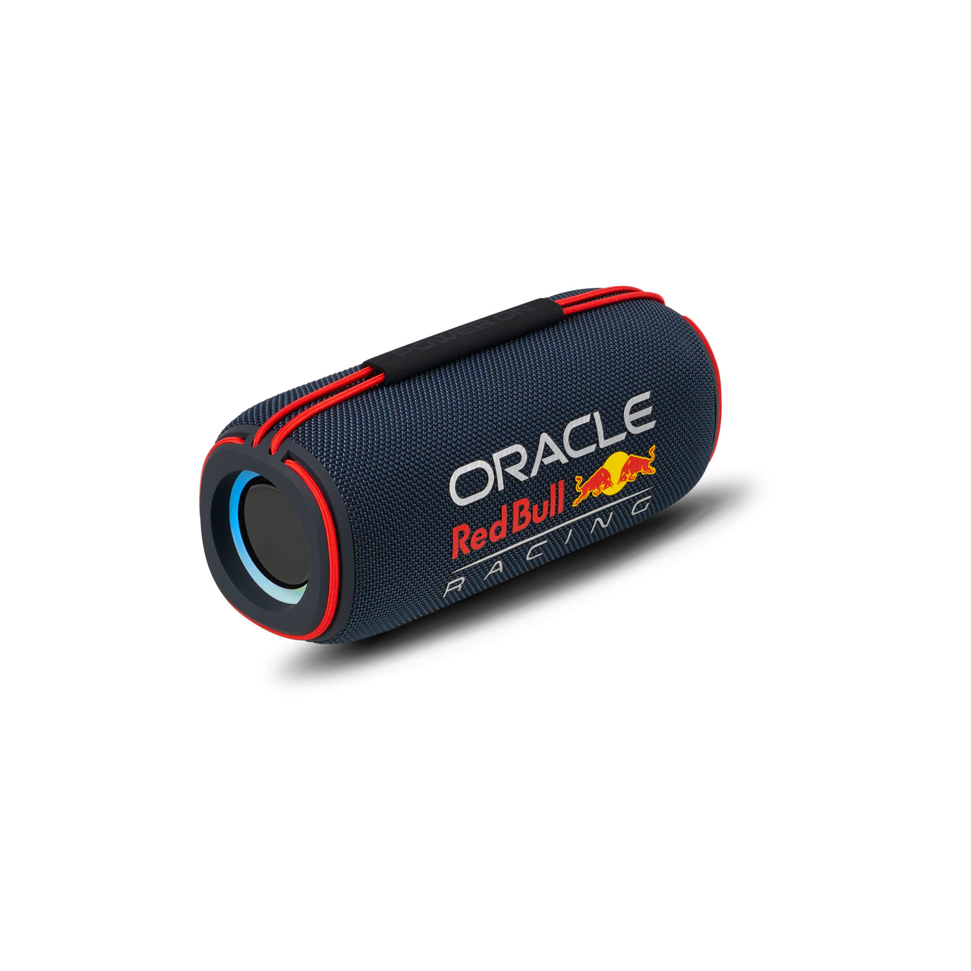 Een cilindrische luidspreker met het Oracle Red Bull Racing logo. Het is marineblauw met rode accenten en een zwart handvat.