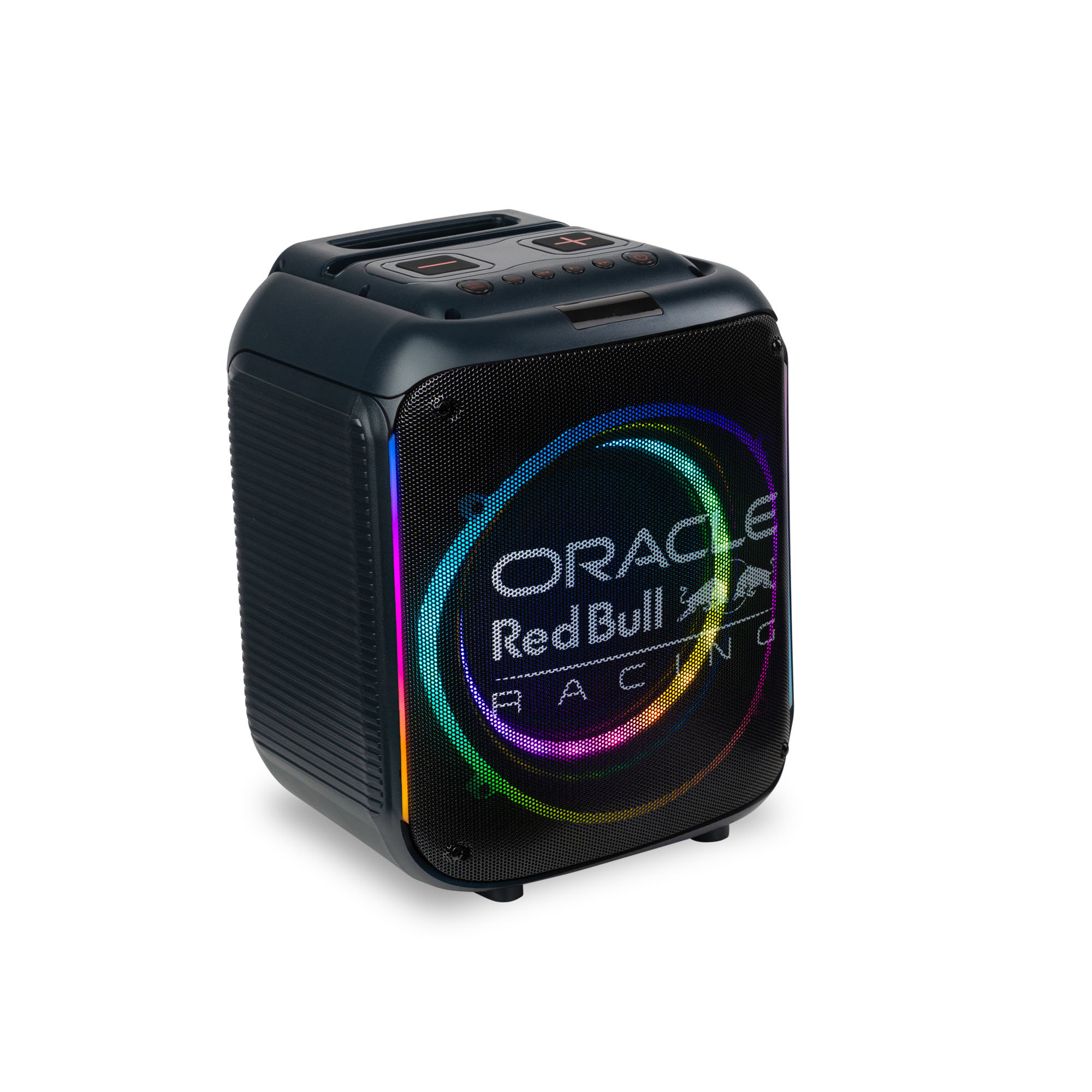 Ein schwarzer Lautsprecher mit dem Oracle Red Bull Racing Logo auf der Vorderseite. Es hat bunte Lichter an den Rändern und weißen Hintergrund.